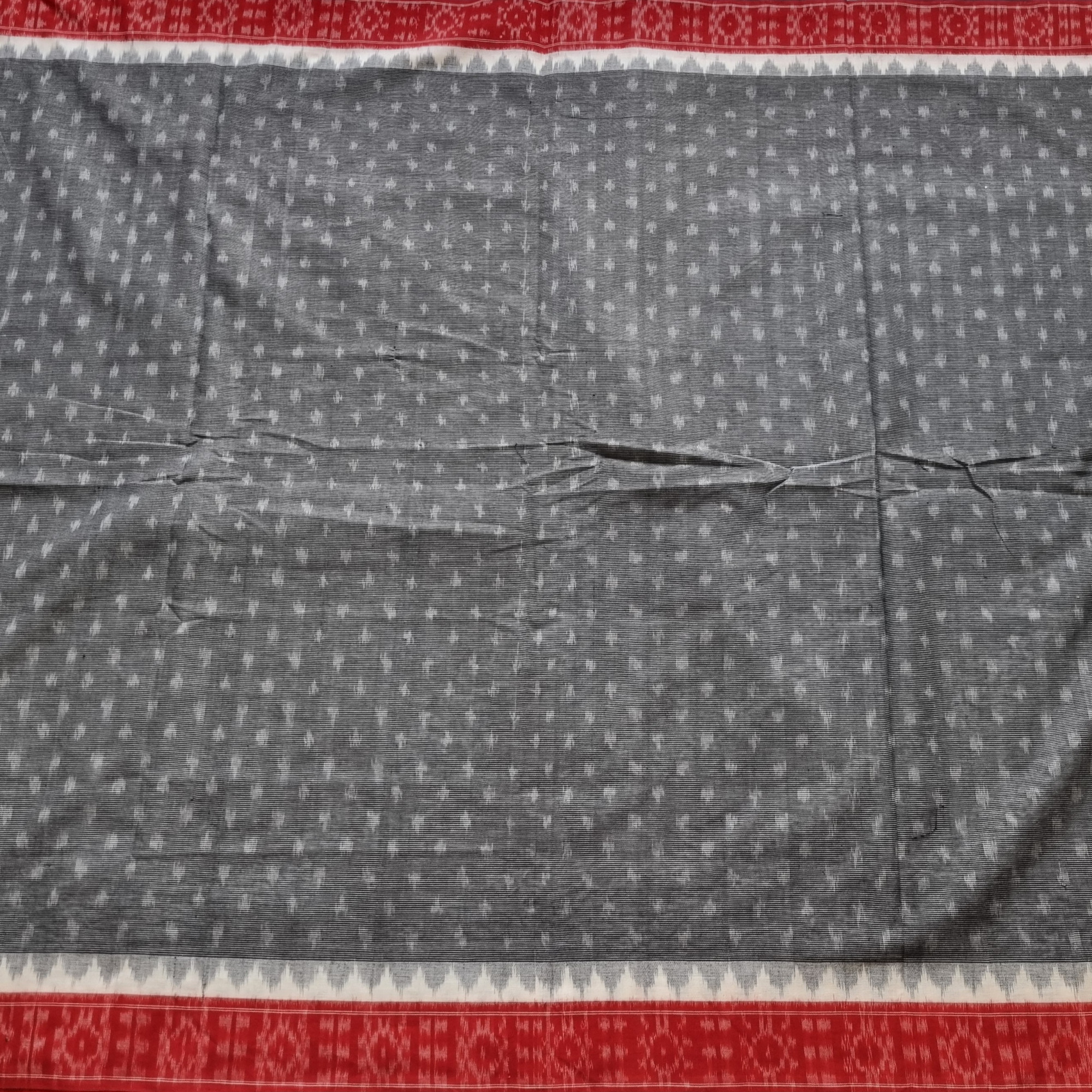 YARDAGE - Cotton Ikat grey with red borders