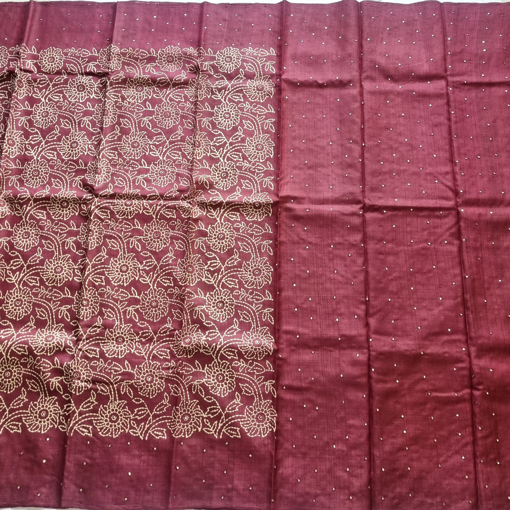 Block printed  tussar with mirrorwork