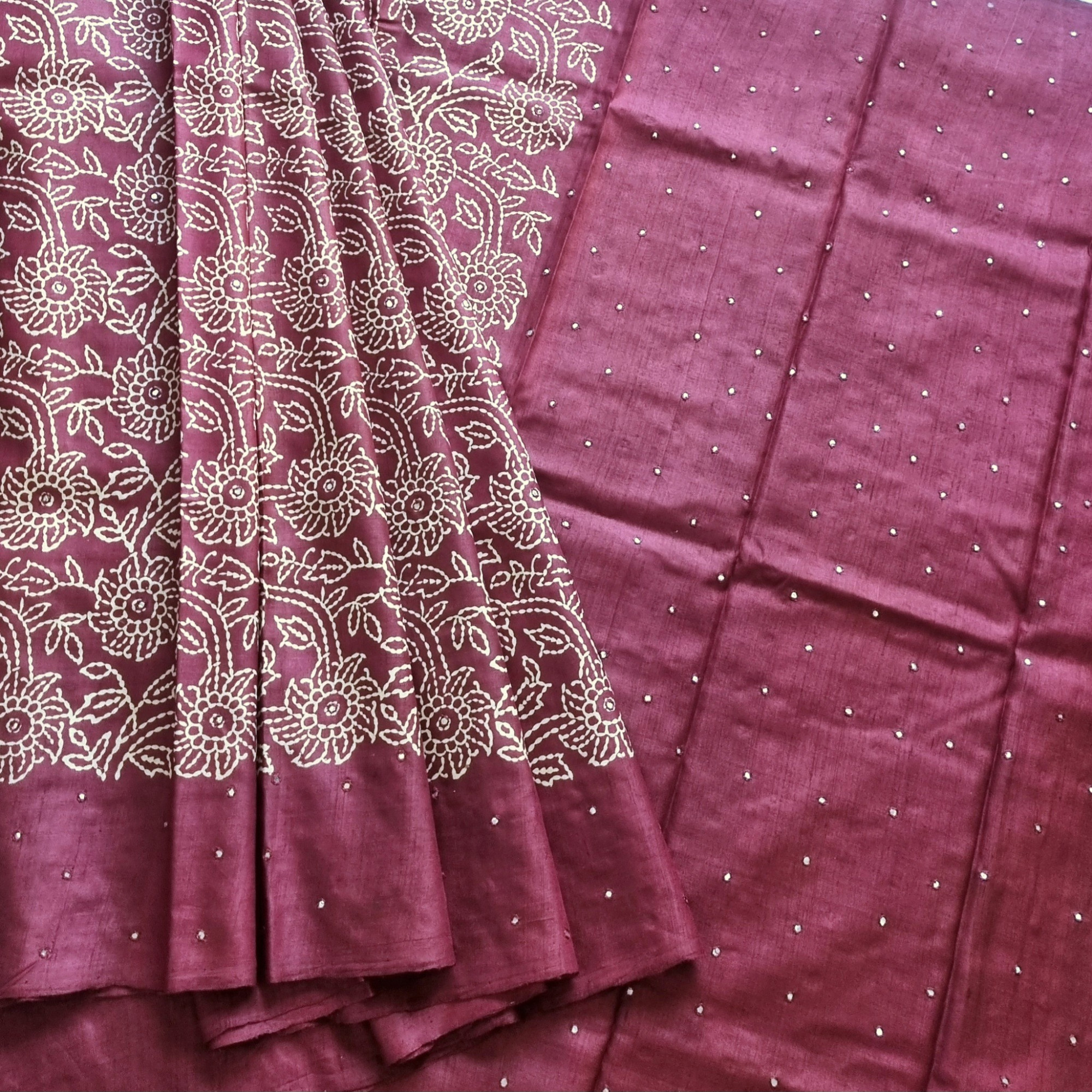 Block printed  tussar with mirrorwork