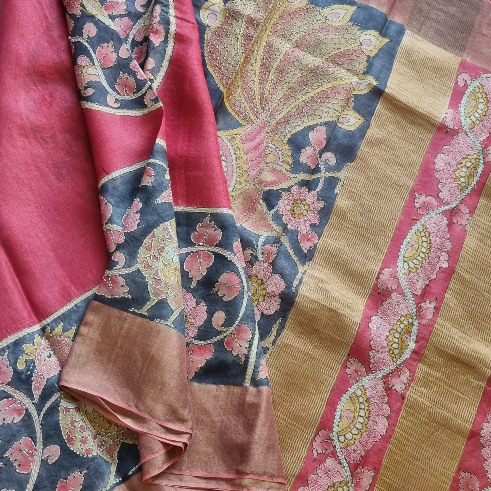Tussar with Kalamkari and Kantha