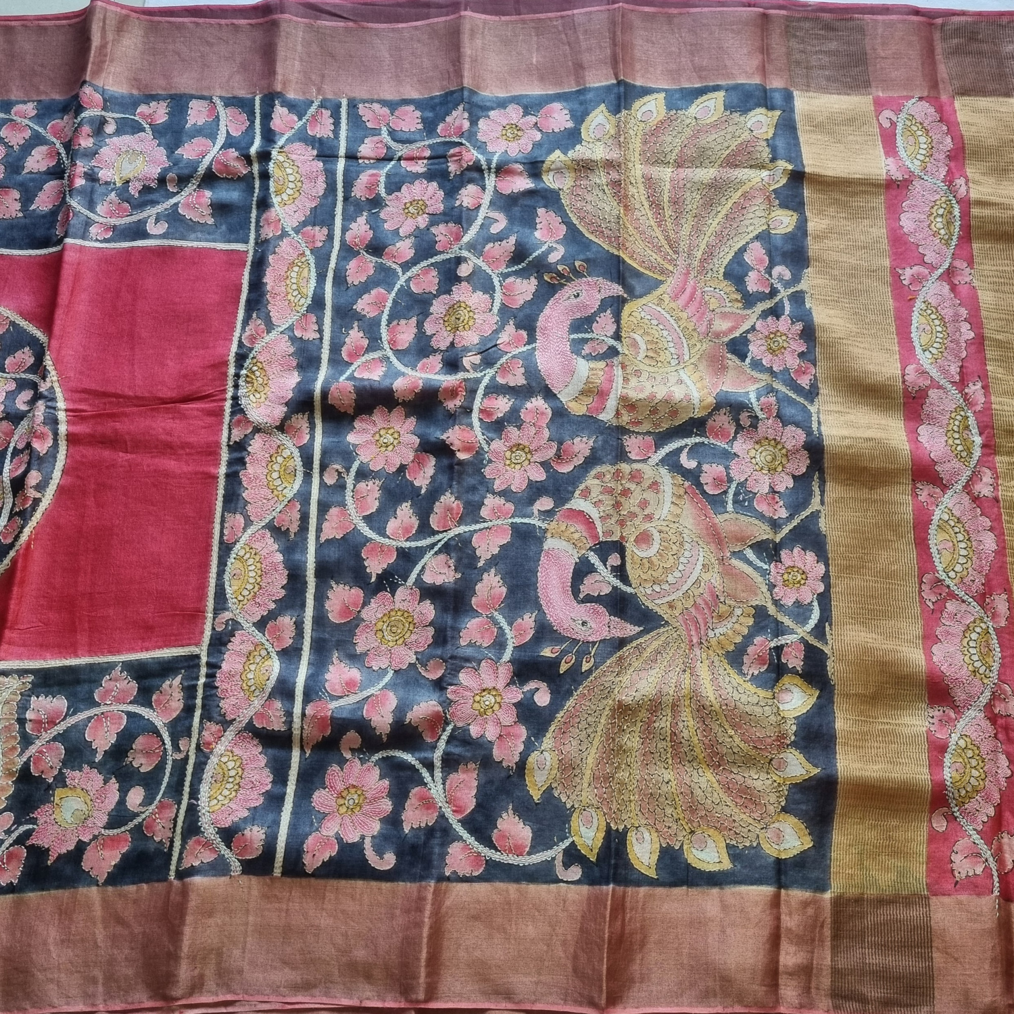 Tussar with Kalamkari and Kantha