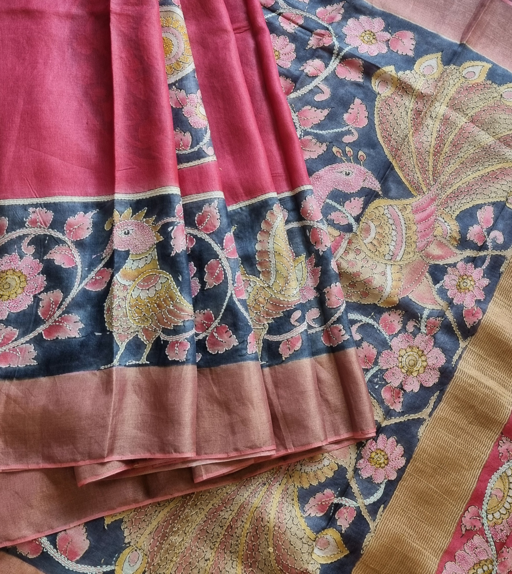 Tussar with Kalamkari and Kantha
