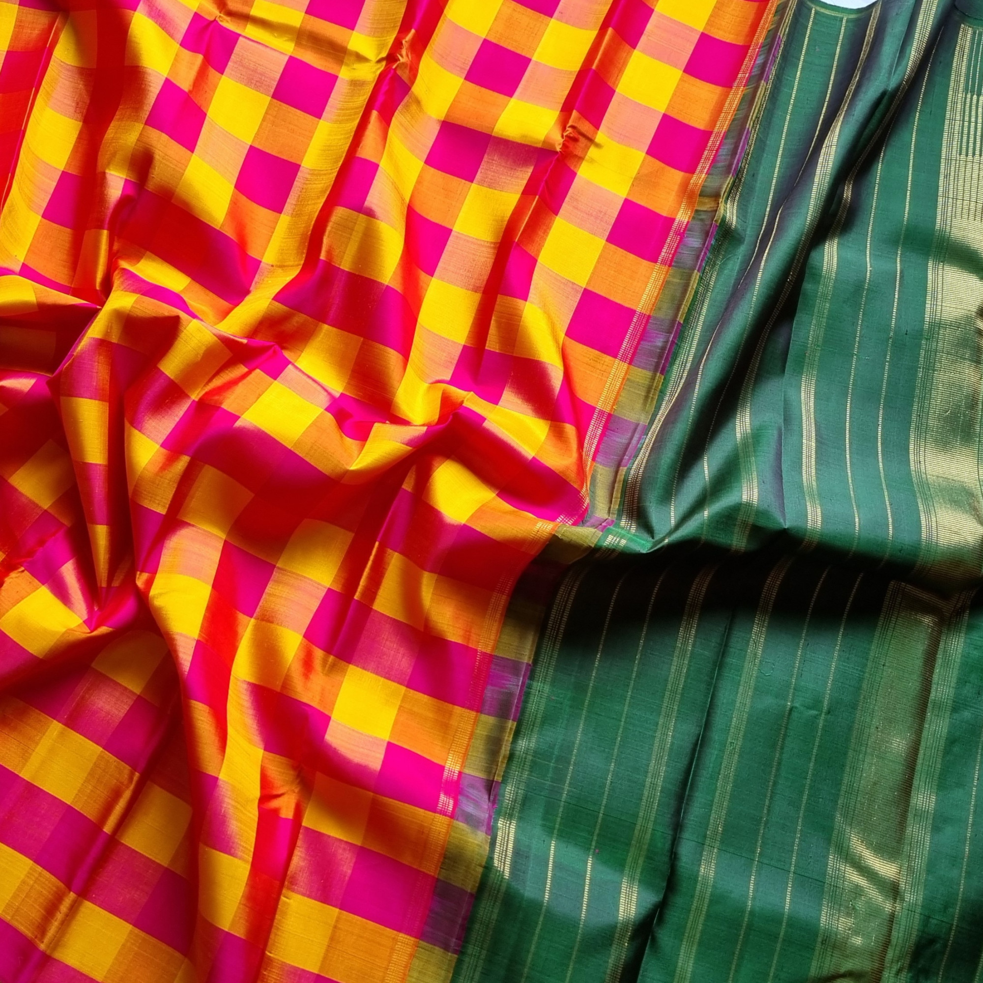 Classic Kanjivaram silk kattam body with green pallu