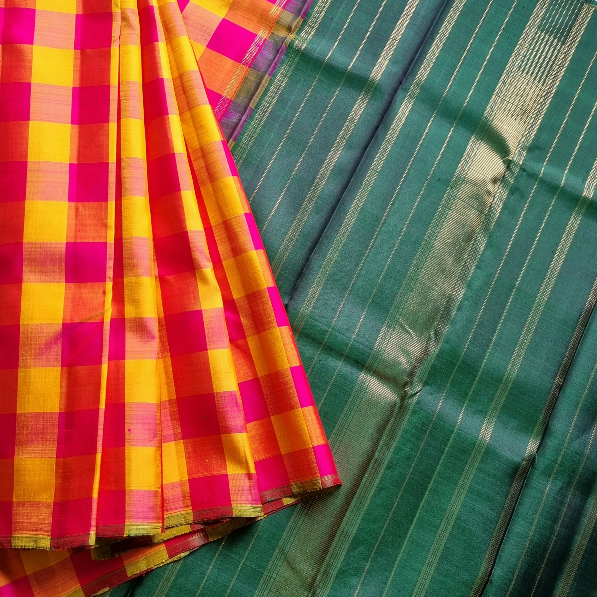 Classic Kanjivaram silk kattam body with green pallu