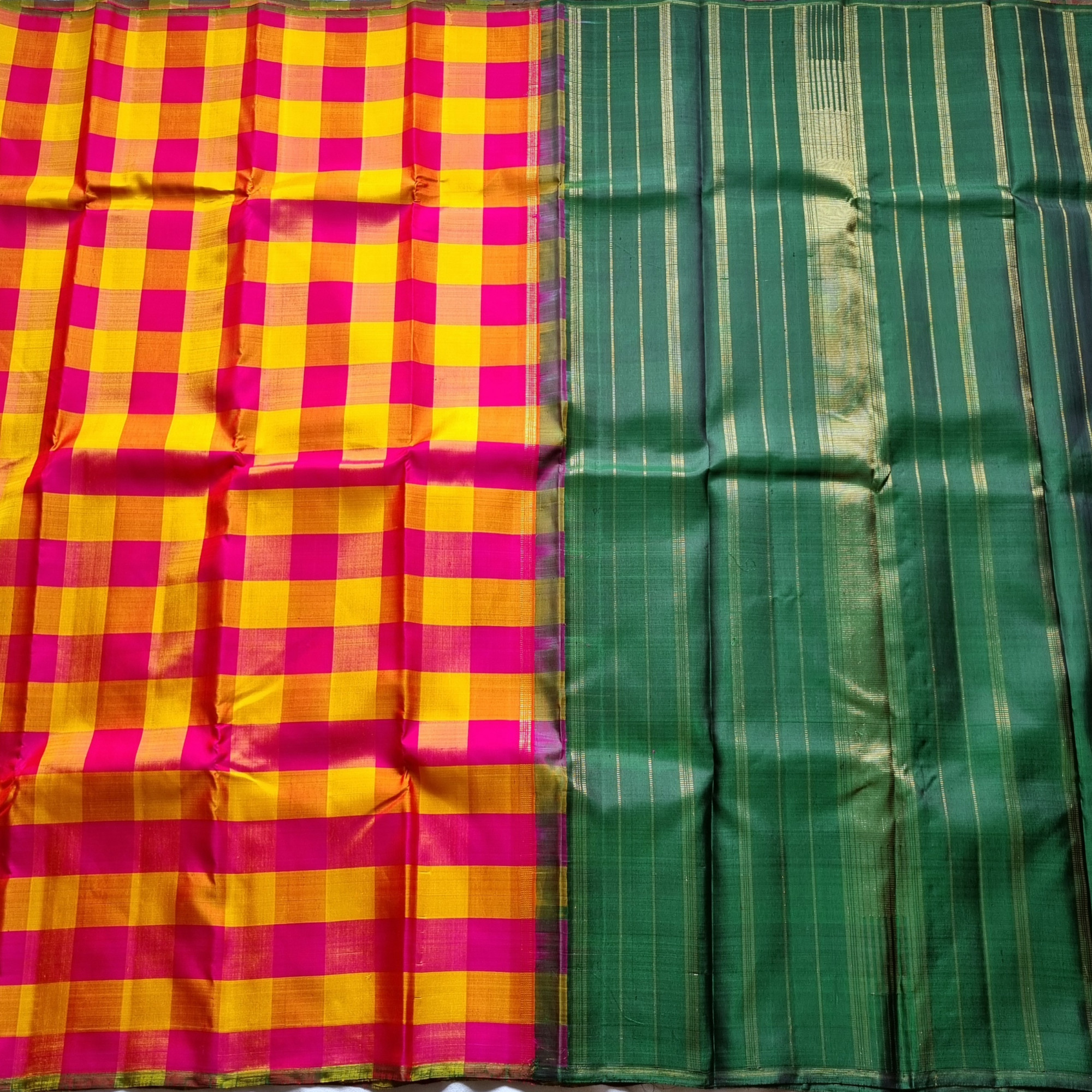 Classic Kanjivaram silk kattam body with green pallu