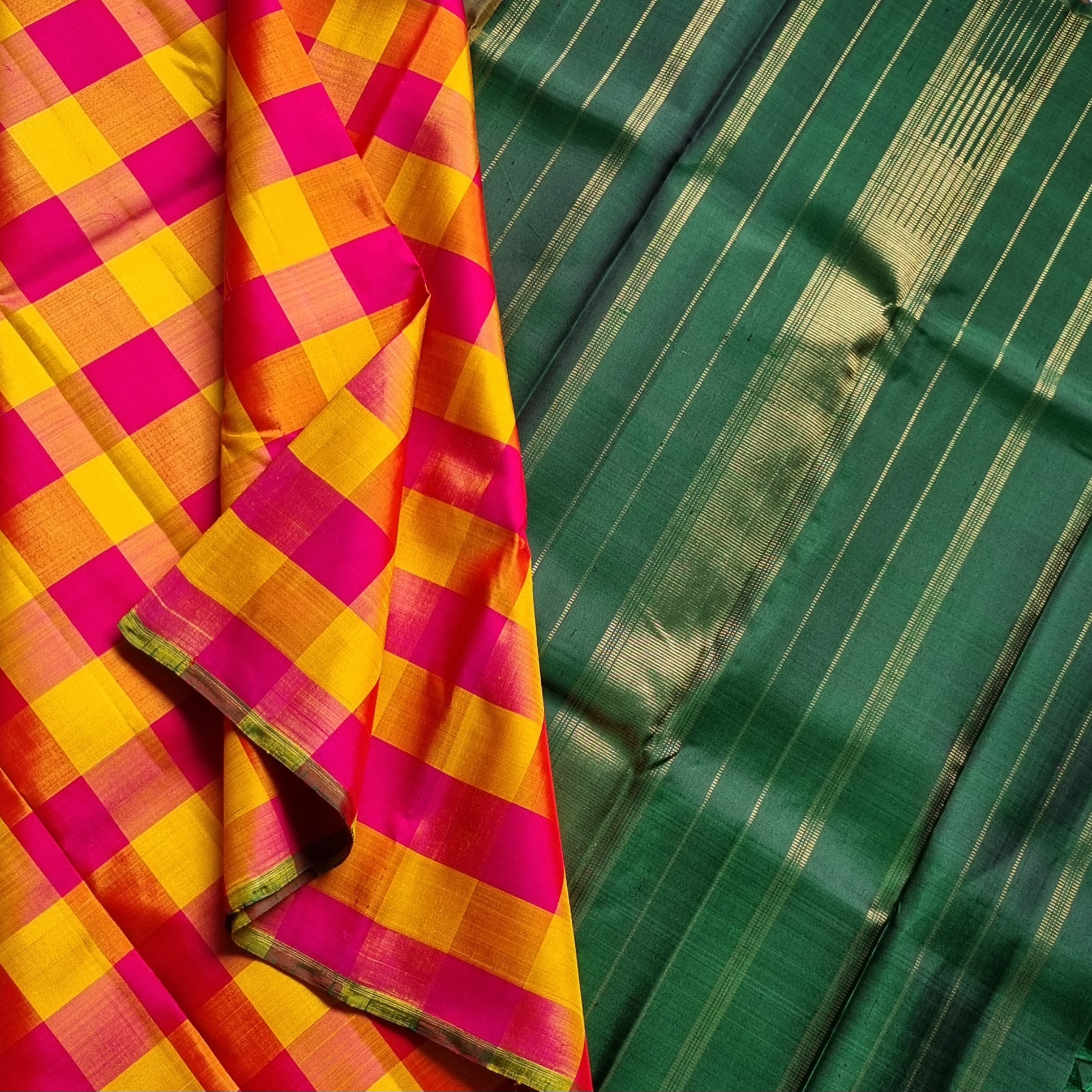 Classic Kanjivaram silk kattam body with green pallu