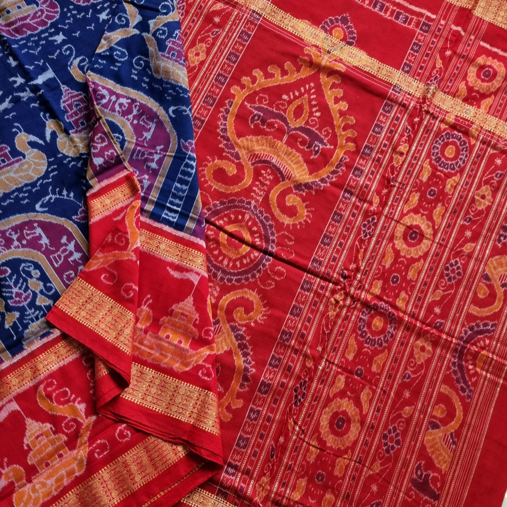 Image of Cotton Ikat Blue intricate Sambalpuri