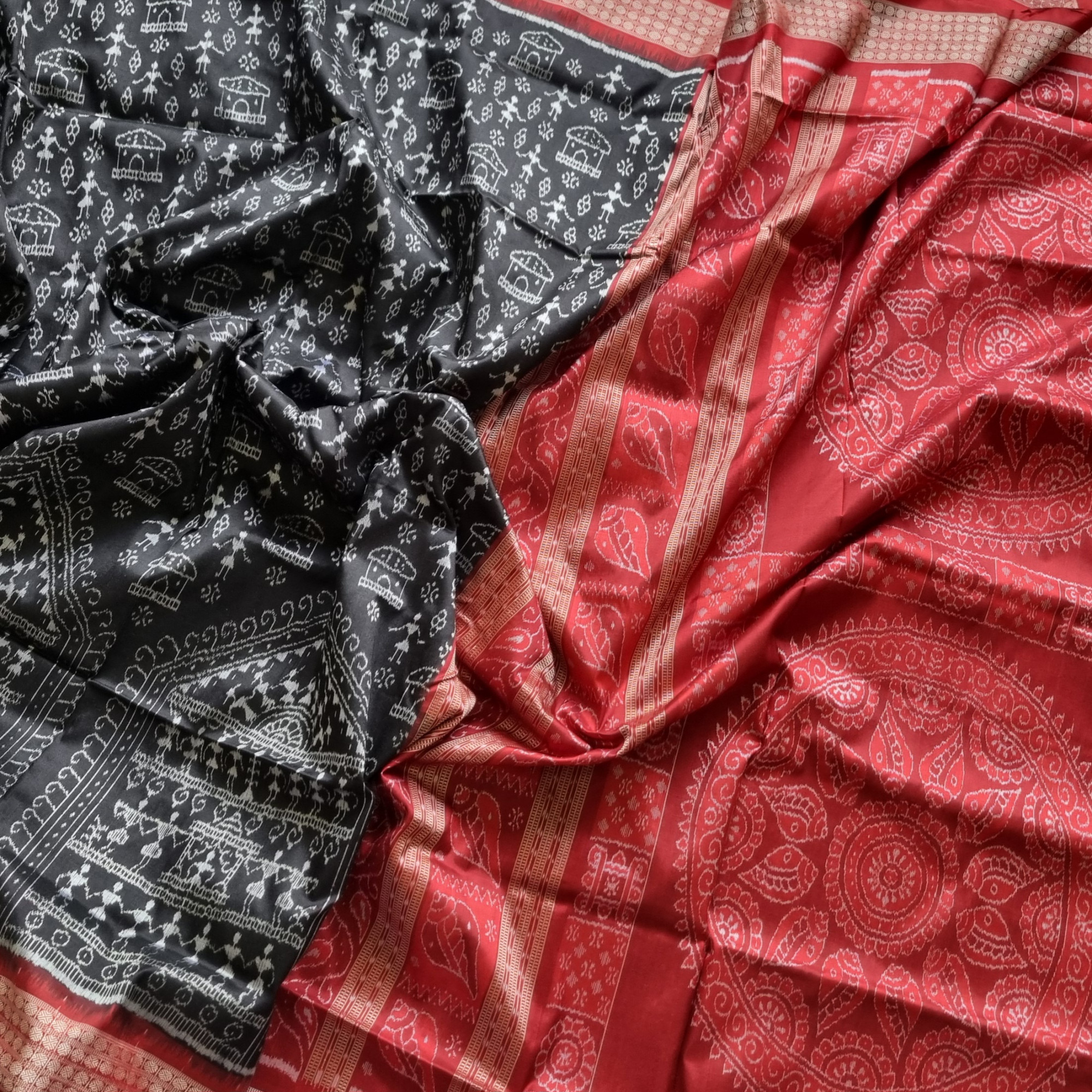 Silk Ikat Sambalpuri Black with Saura motifs