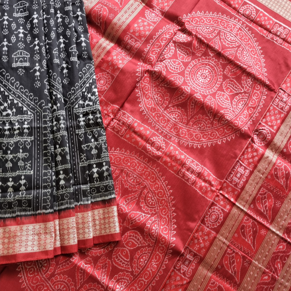 Image of Silk Ikat Sambalpuri Black with Saura motifs