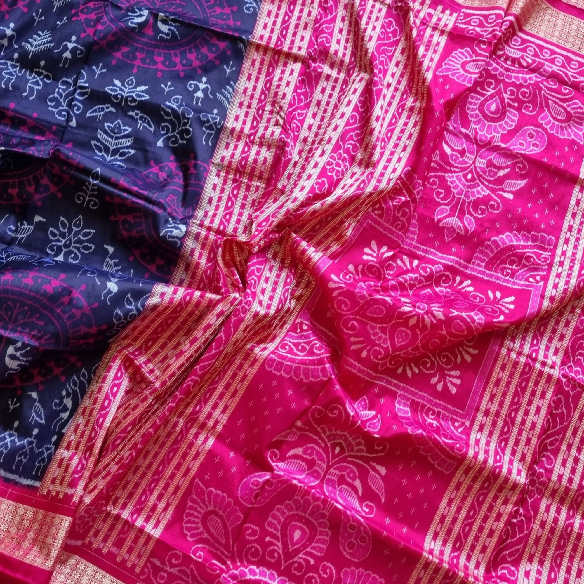 Silk Ikat Sambalpuri deep blue and pink  with Saura motifs