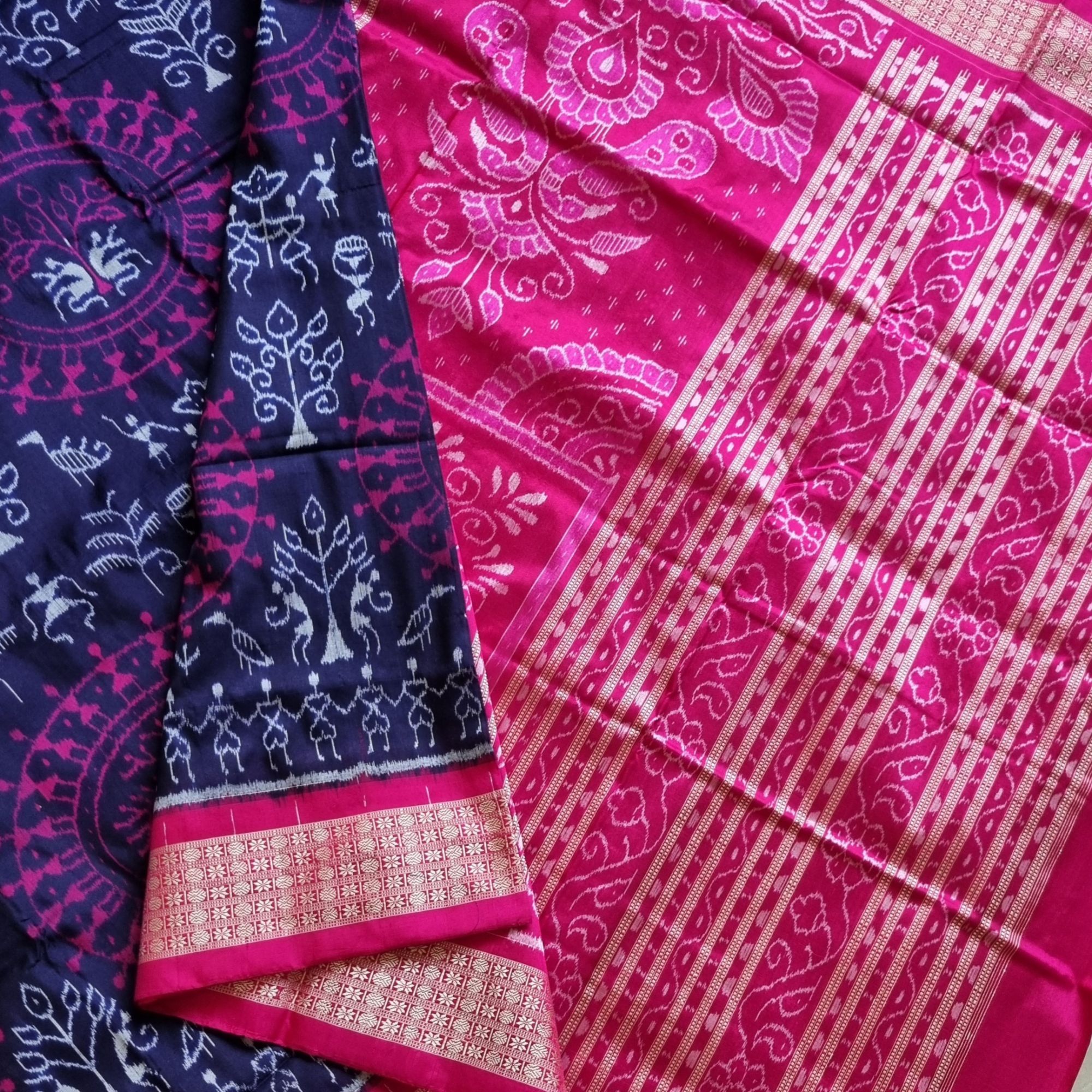 Silk Ikat Sambalpuri deep blue and pink  with Saura motifs