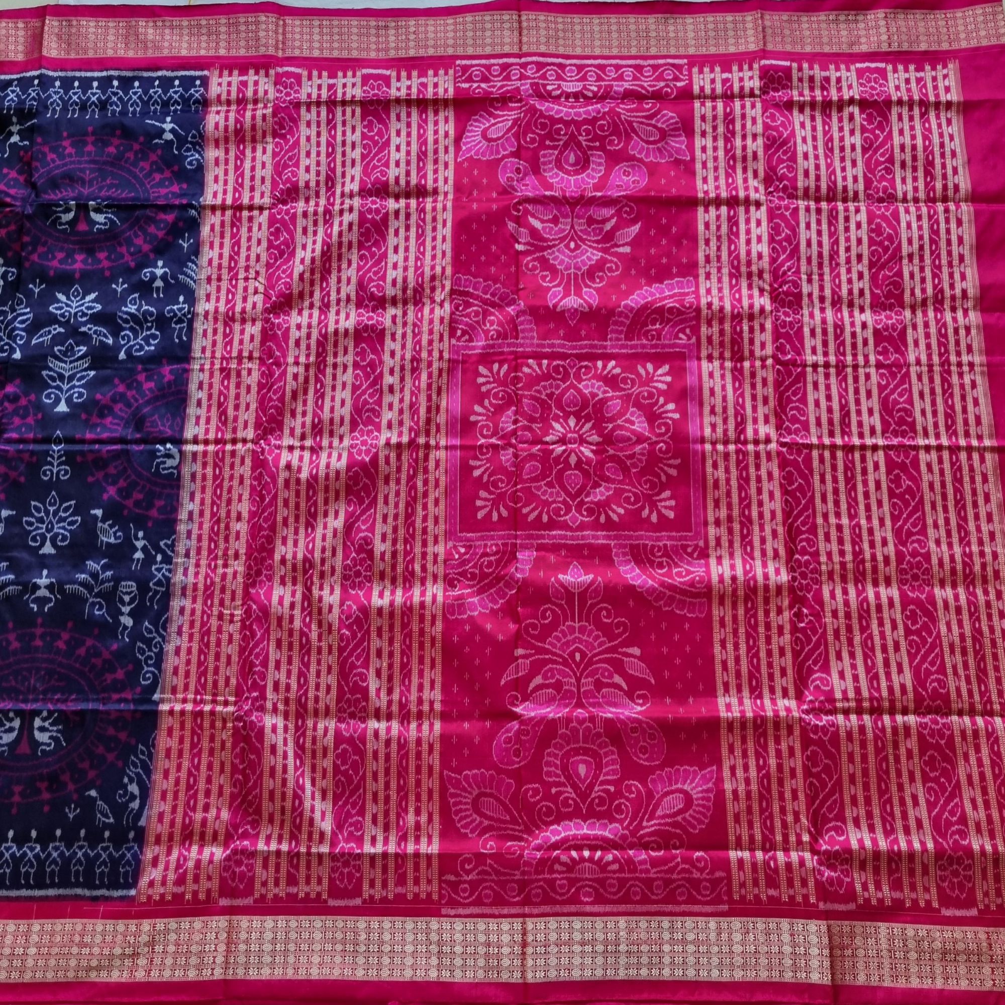 Silk Ikat Sambalpuri deep blue and pink  with Saura motifs