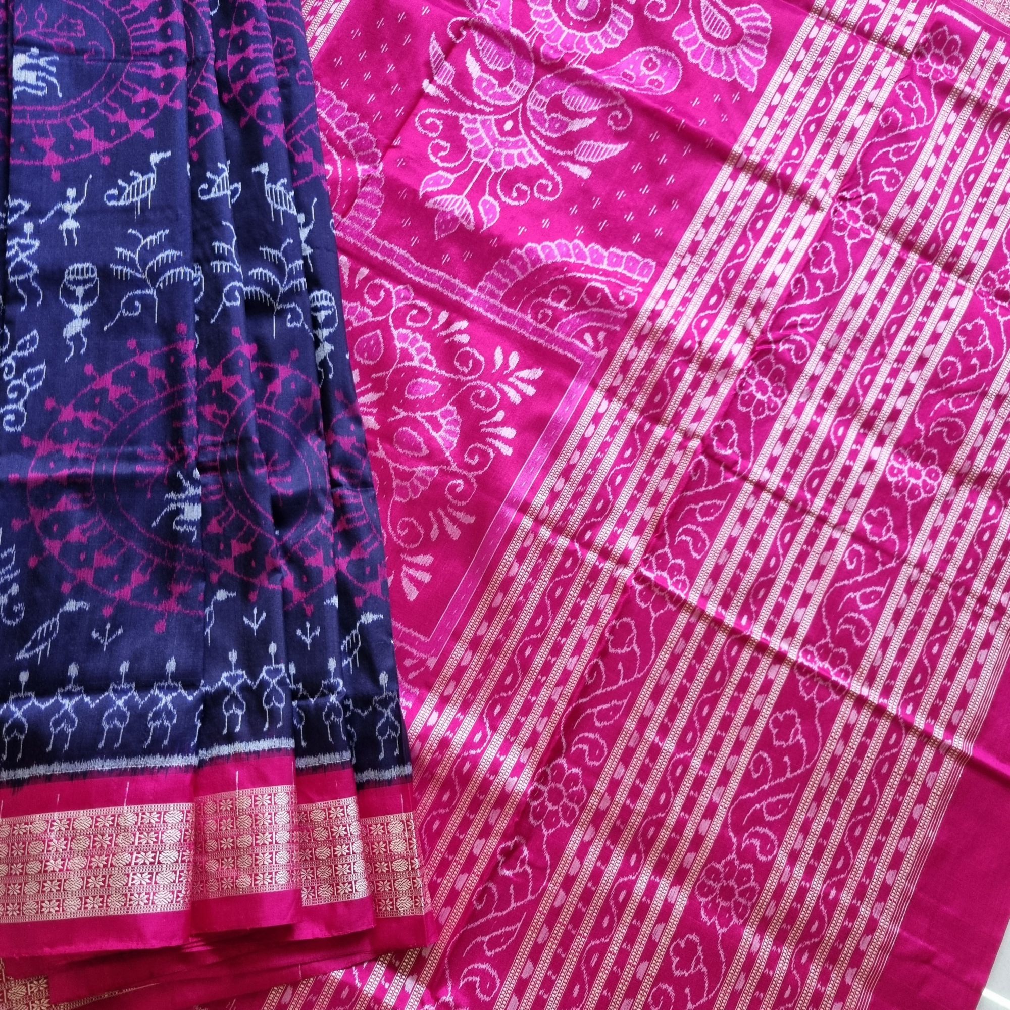 Silk Ikat Sambalpuri deep blue and pink  with Saura motifs