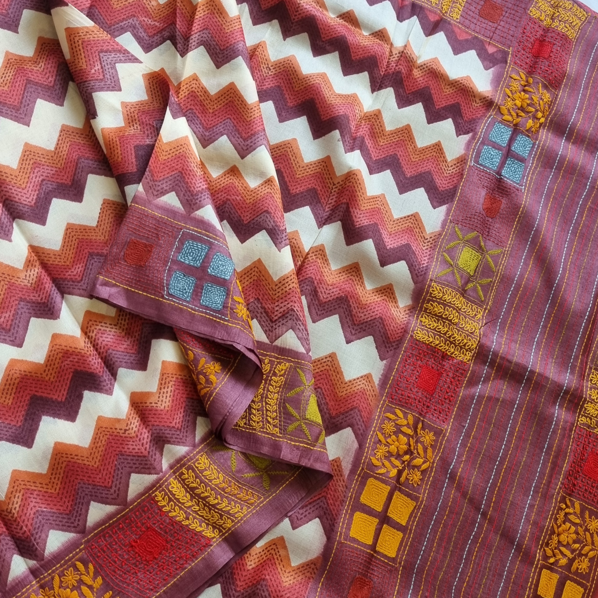 Lehar - Block printed  tussar with Kantha