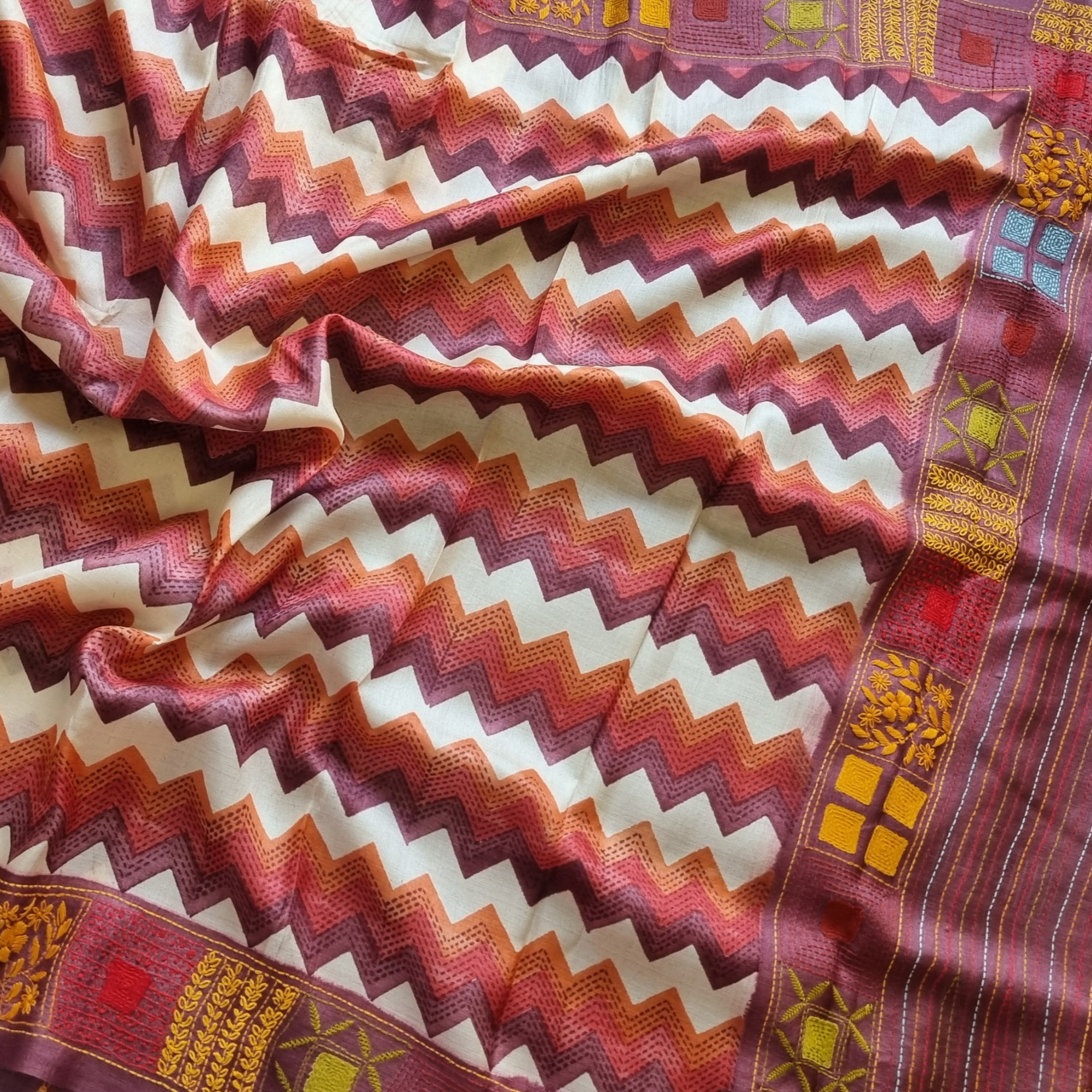 Lehar - Block printed  tussar with Kantha