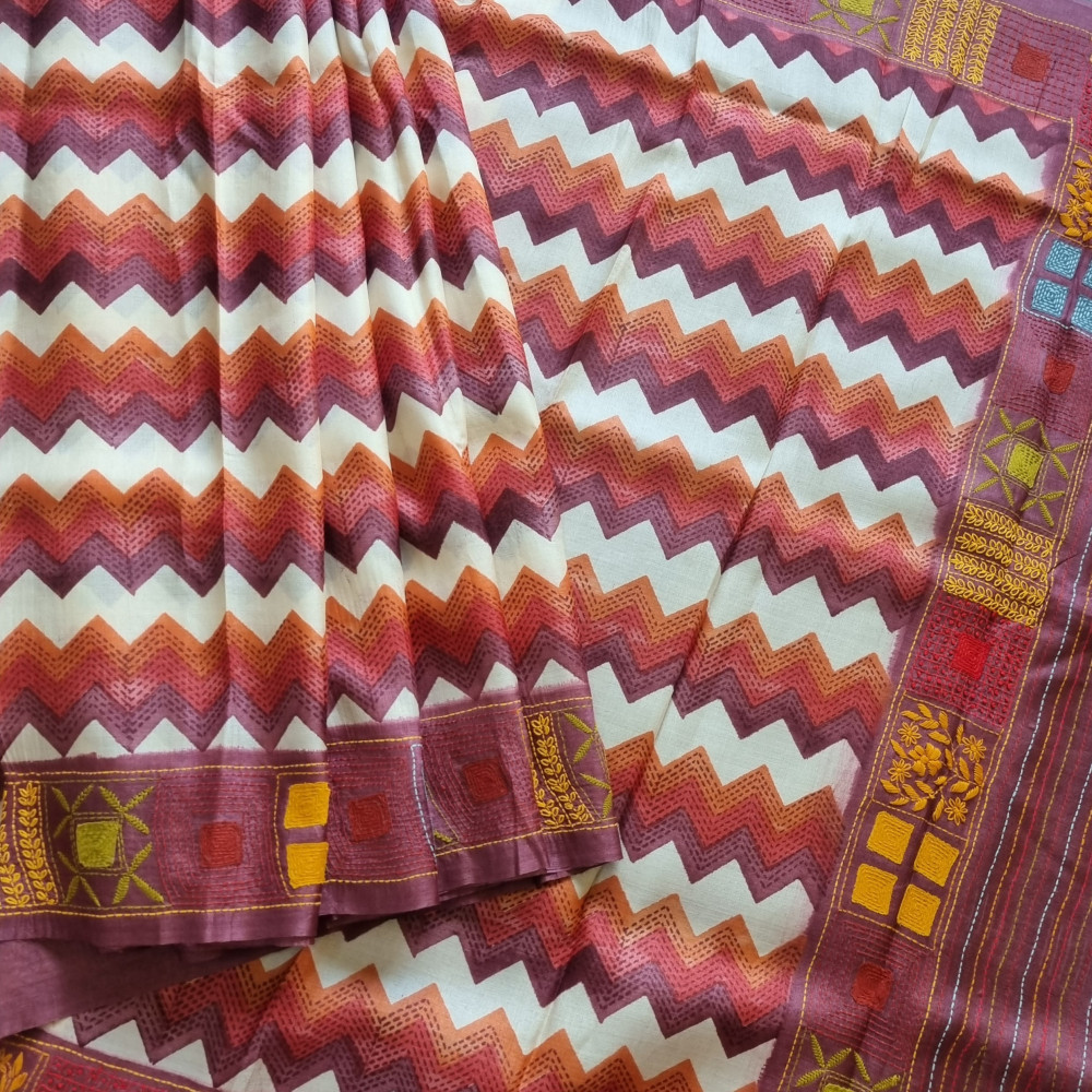 Image of Lehar - Block printed  tussar with Kantha