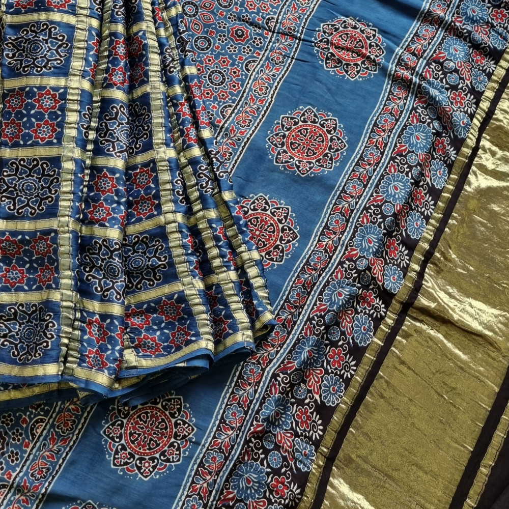 Image of Ajrakh Gharchola on blue modal silk