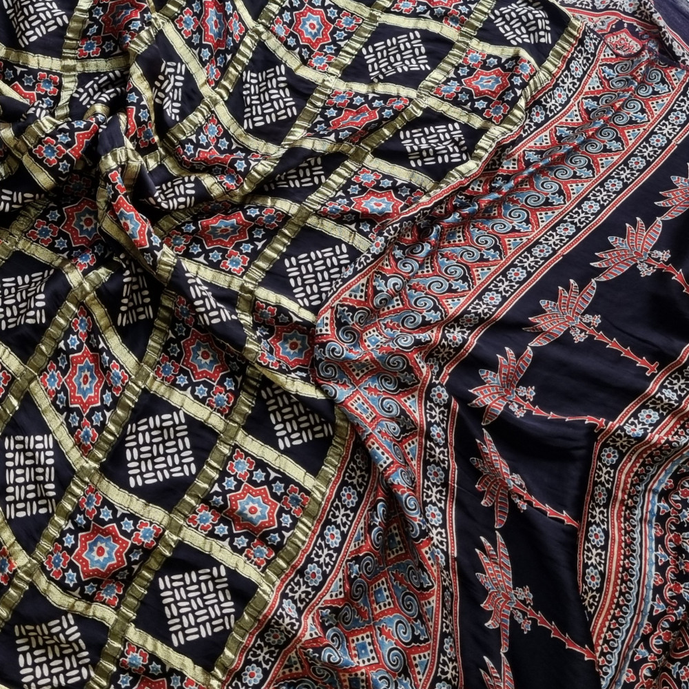 Image of Ajrakh Gharchola on black modal silk