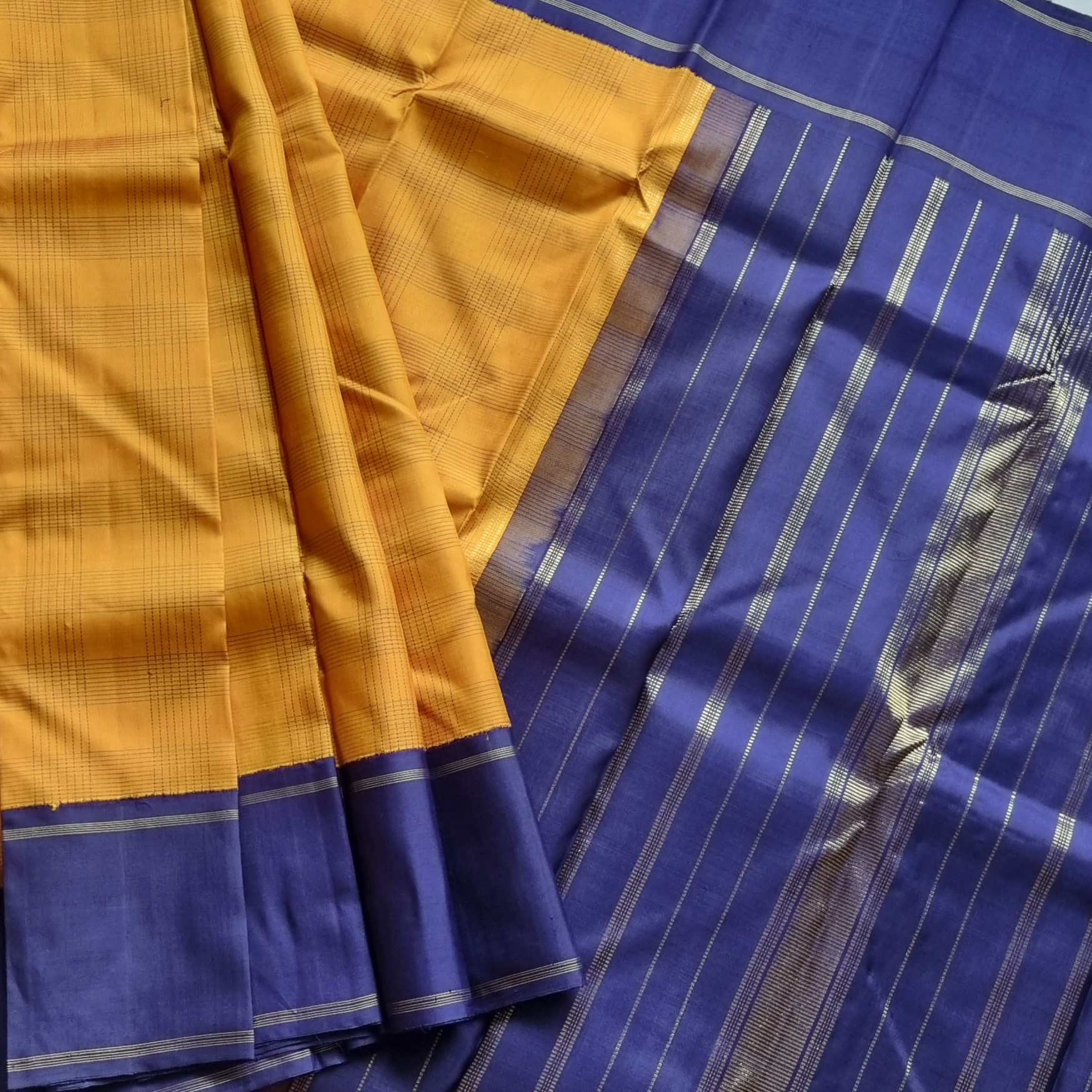 Kanjivaram Silk Beautiful mustard yellow and blue Kai Korvai