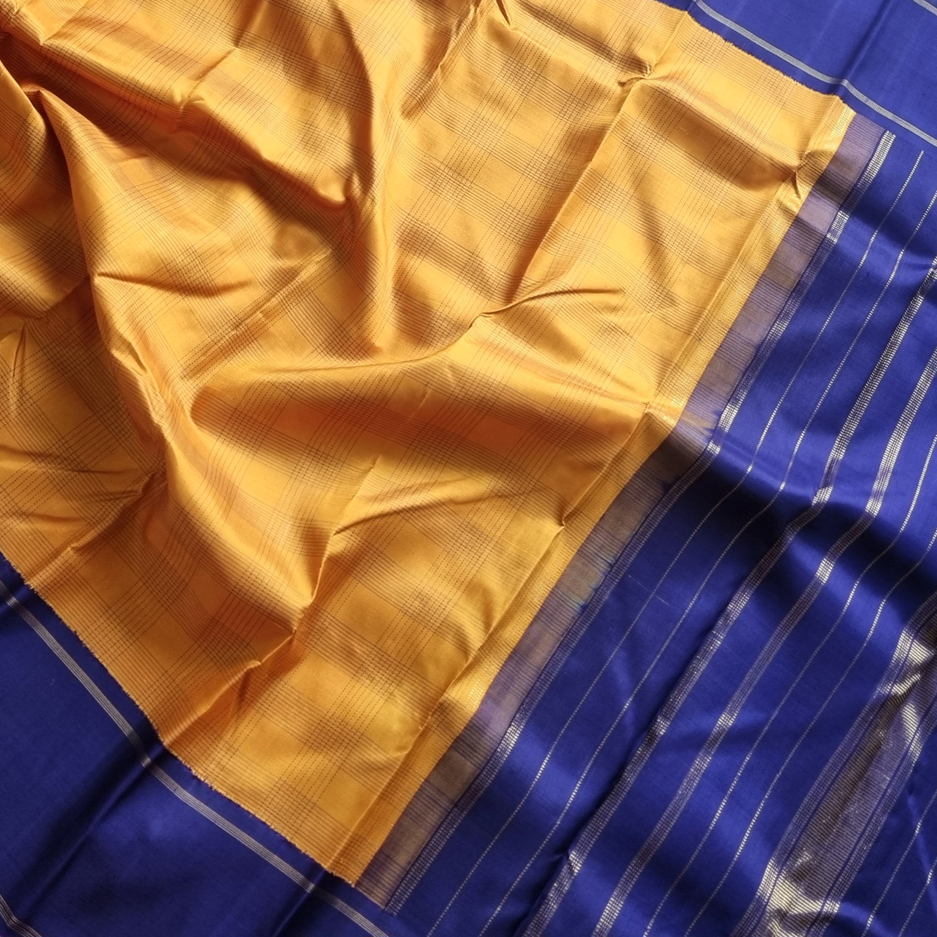 Kanjivaram Silk Beautiful mustard yellow and blue Kai Korvai