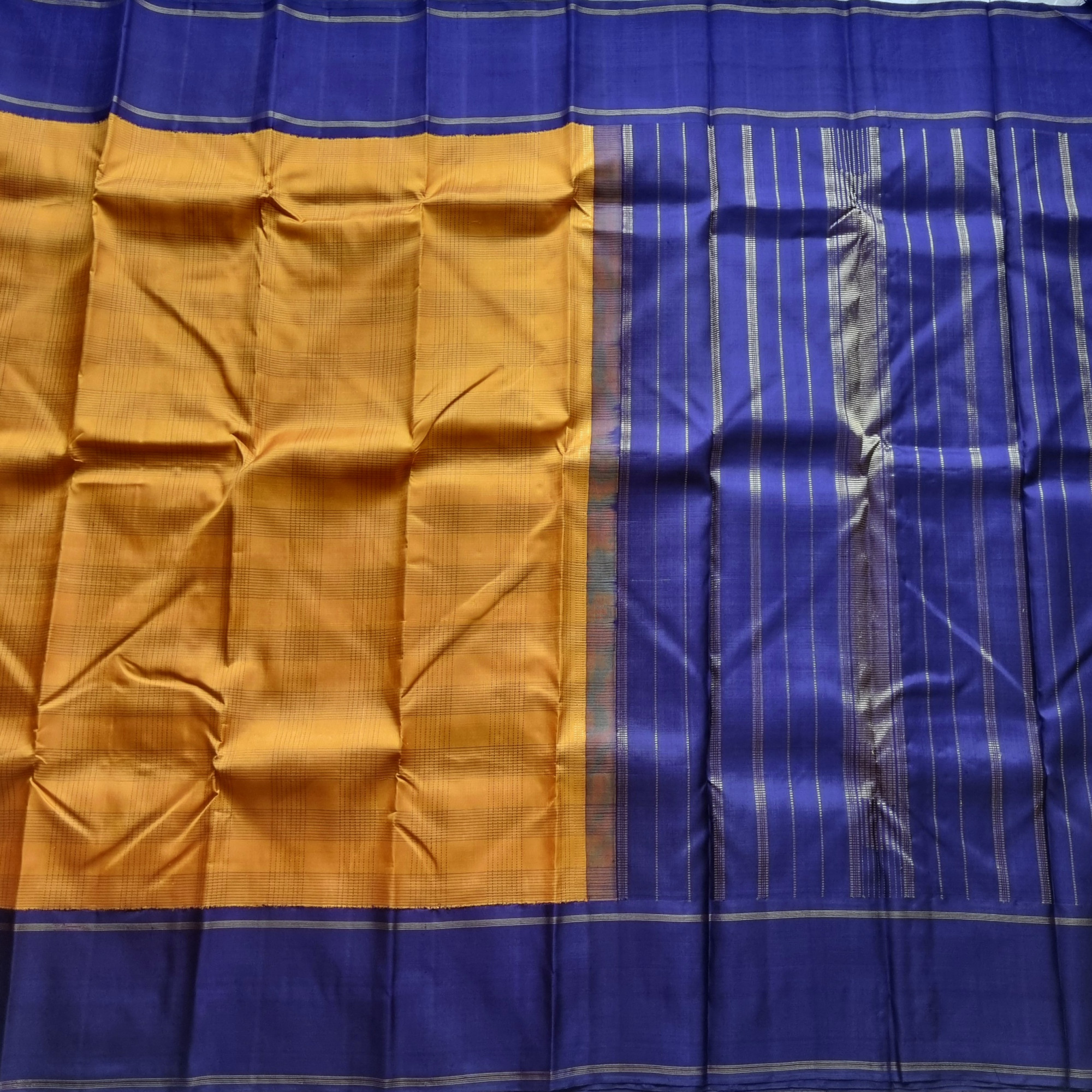 Kanjivaram Silk Beautiful mustard yellow and blue Kai Korvai