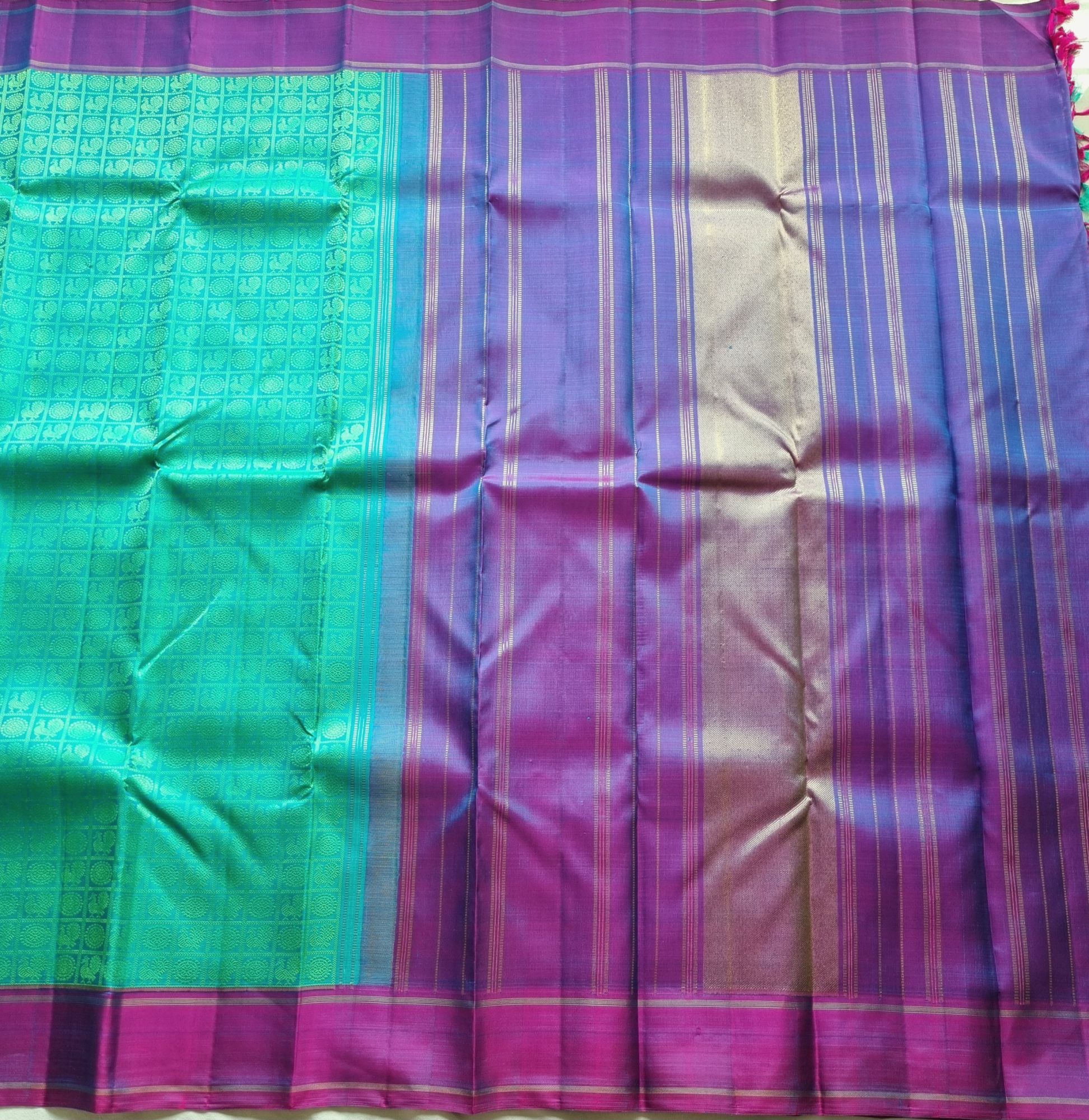 Kanjivaram Silk 1000 buttas Mayil Chakram turquoise green