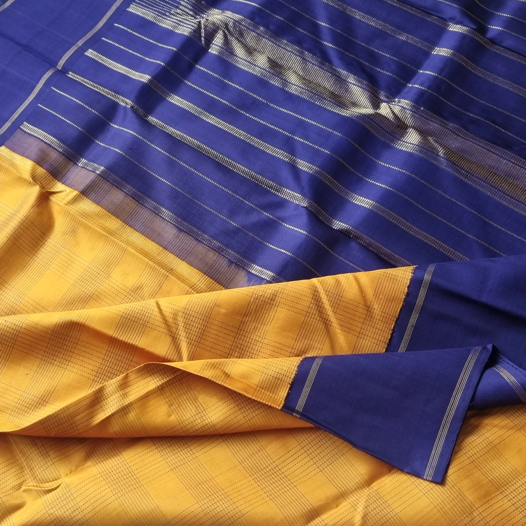 Kanjivaram Silk Beautiful mustard yellow and blue Kai Korvai