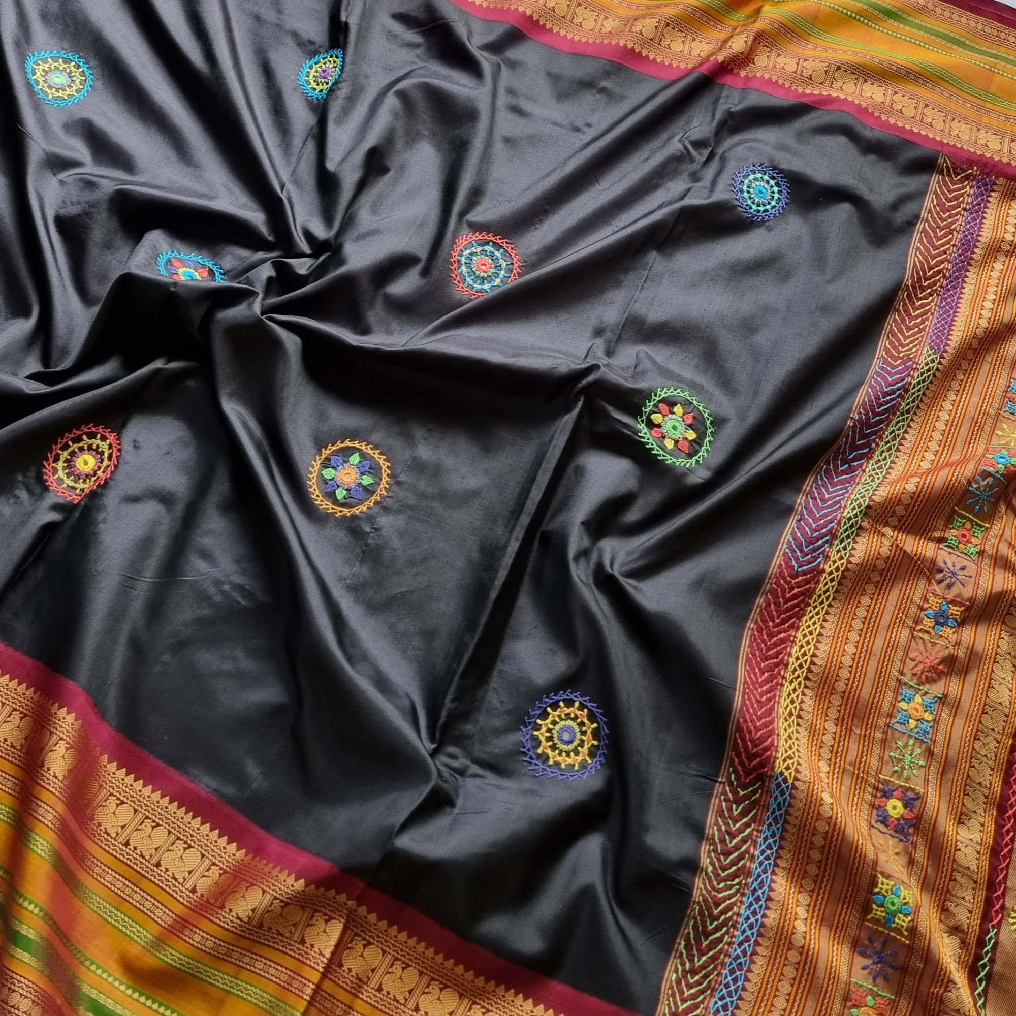 Lambani X Kanjivaram Silk Black and maroon Korvai threadwork