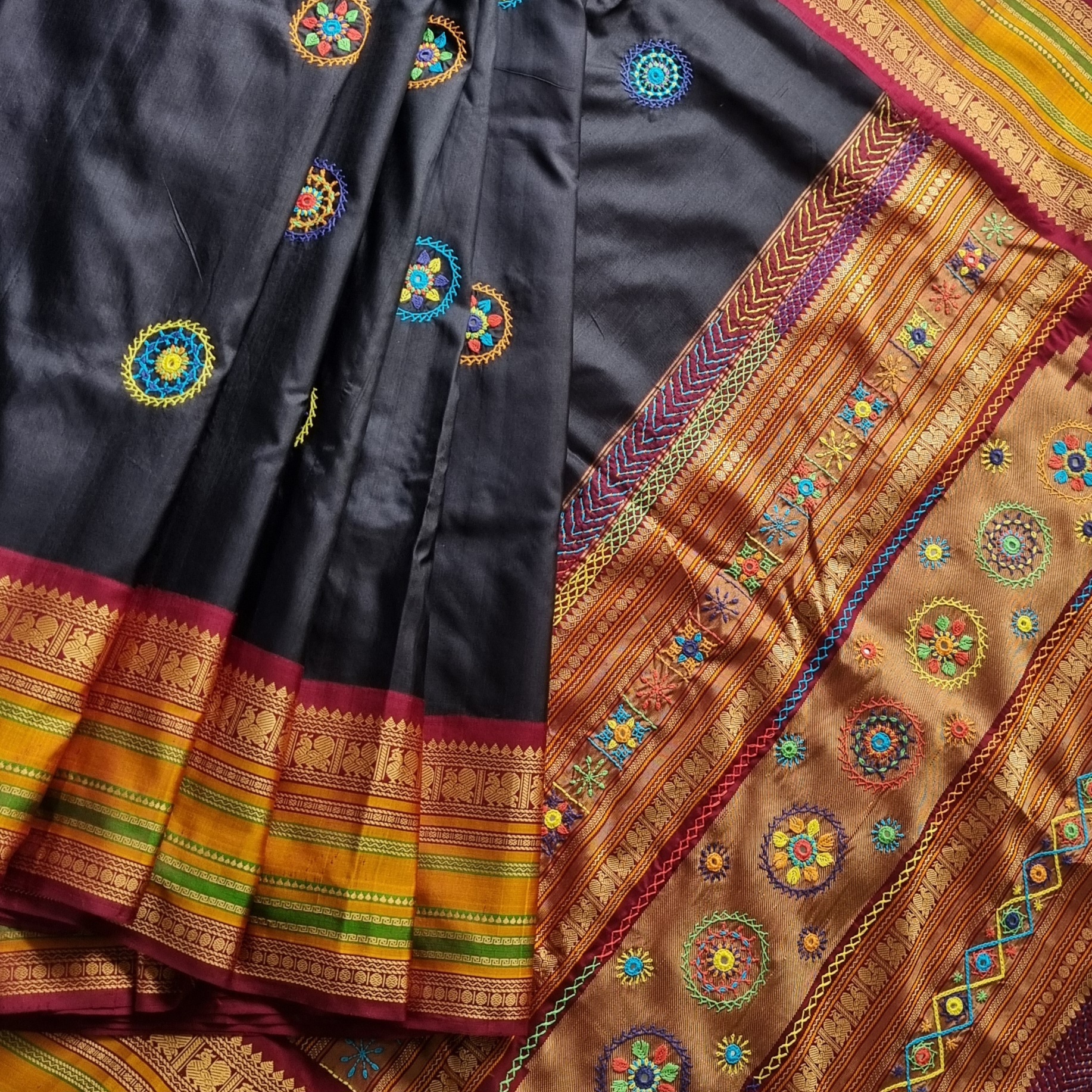 Lambani X Kanjivaram Silk  Black and maroon Korvai threadwork