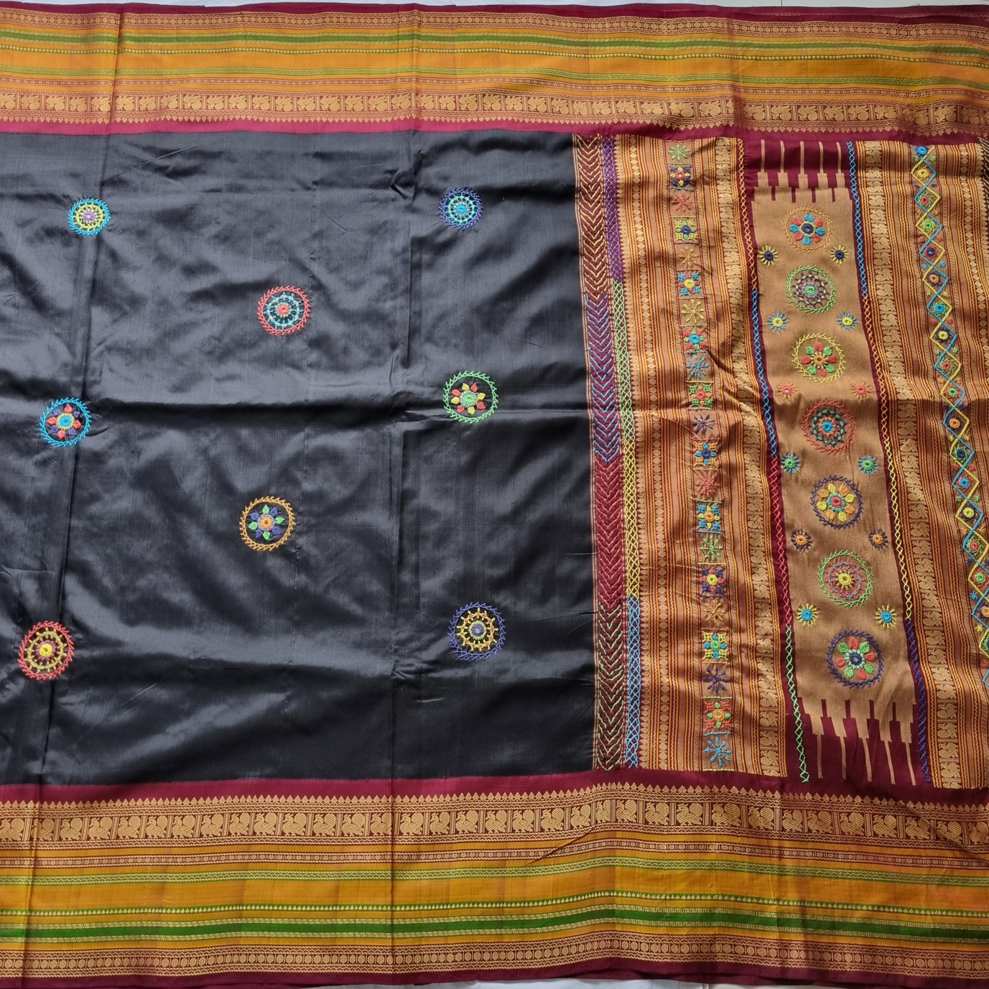 Lambani X Kanjivaram Silk Black and maroon Korvai threadwork