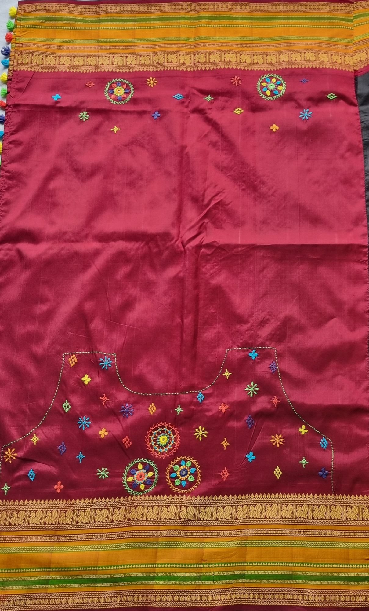 Lambani X Kanjivaram Silk  Black and maroon Korvai threadwork