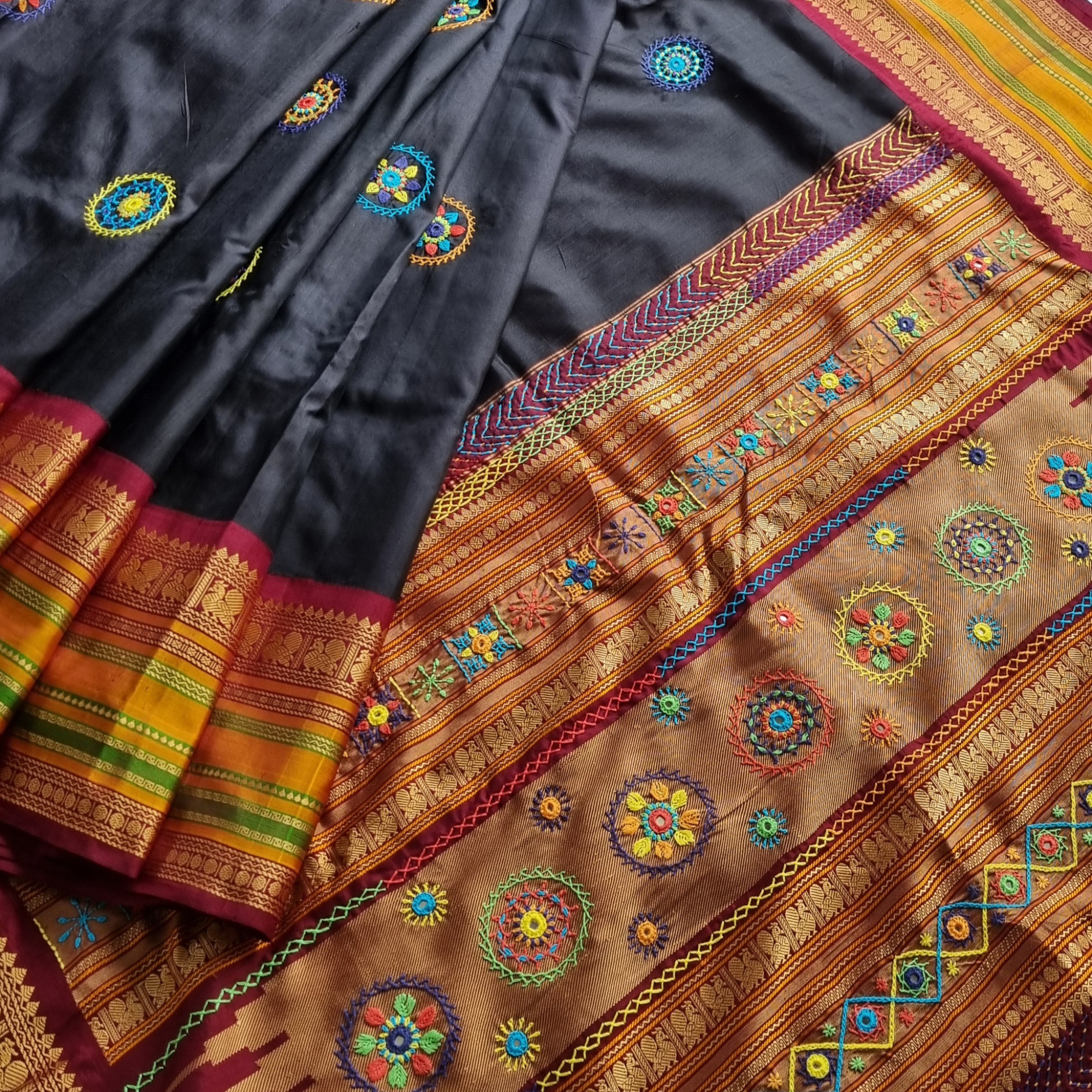 Lambani X Kanjivaram Silk  Black and maroon Korvai threadwork