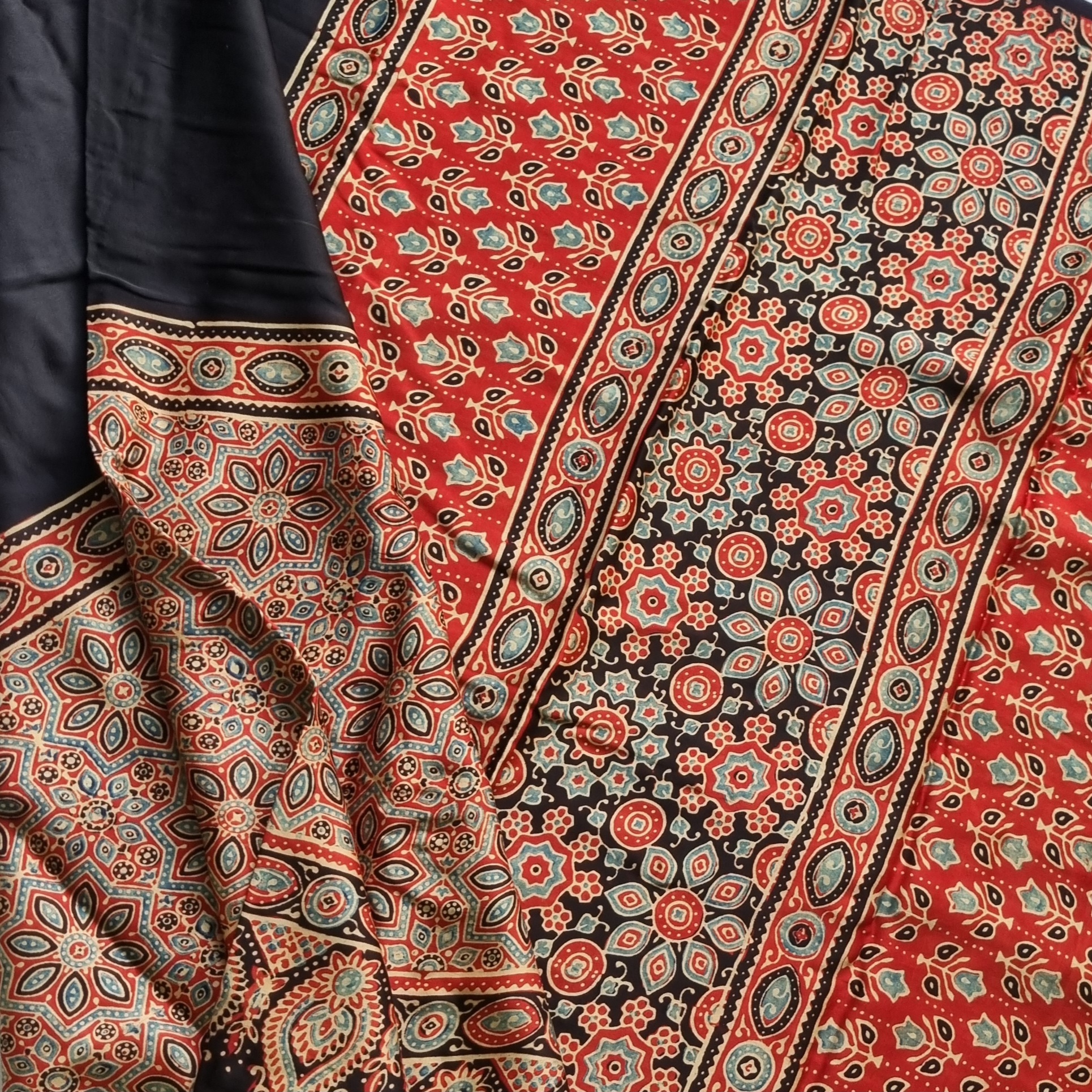 Handcrafted Ajrakh on modal silk half and half