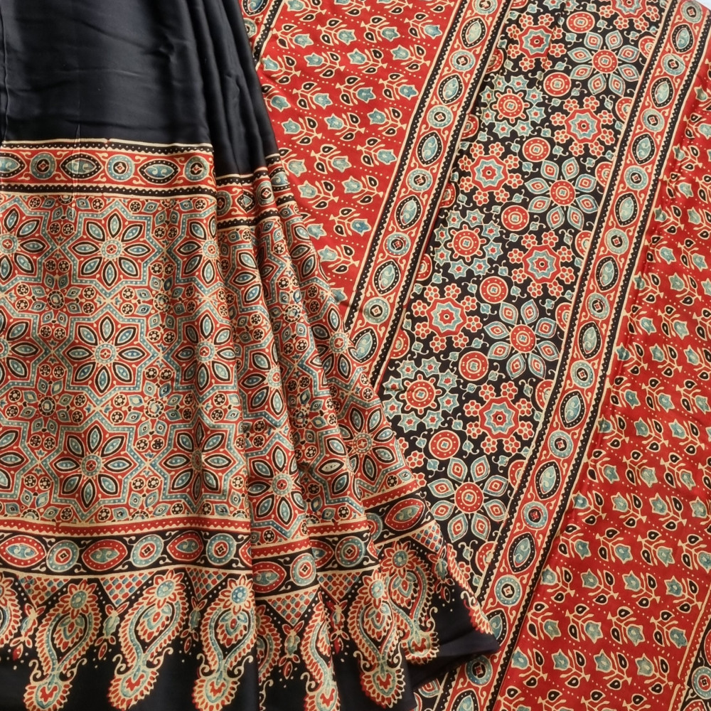 Image of Handcrafted Ajrakh on modal silk half and half