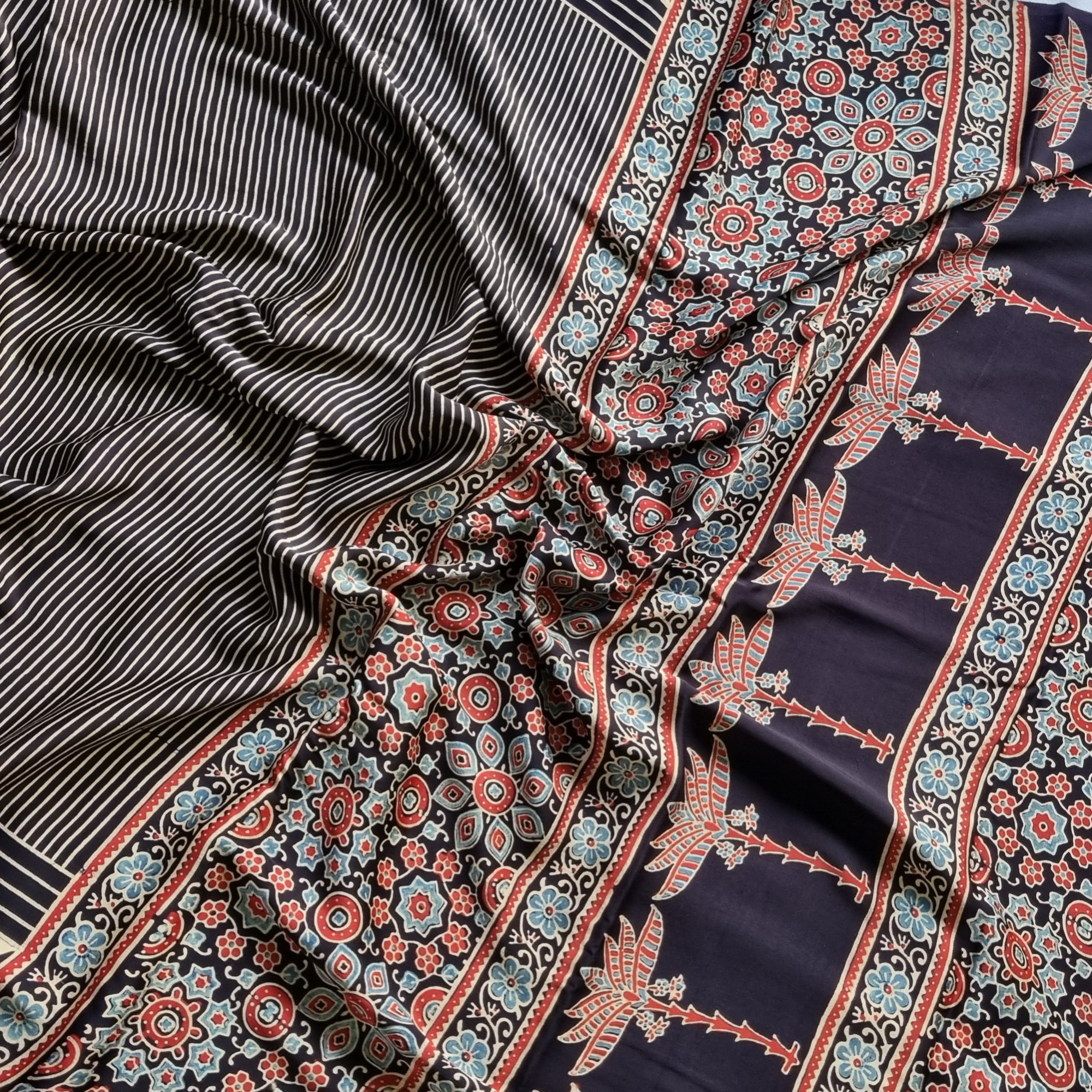 Handcrafted Ajrakh on modal silk stripes