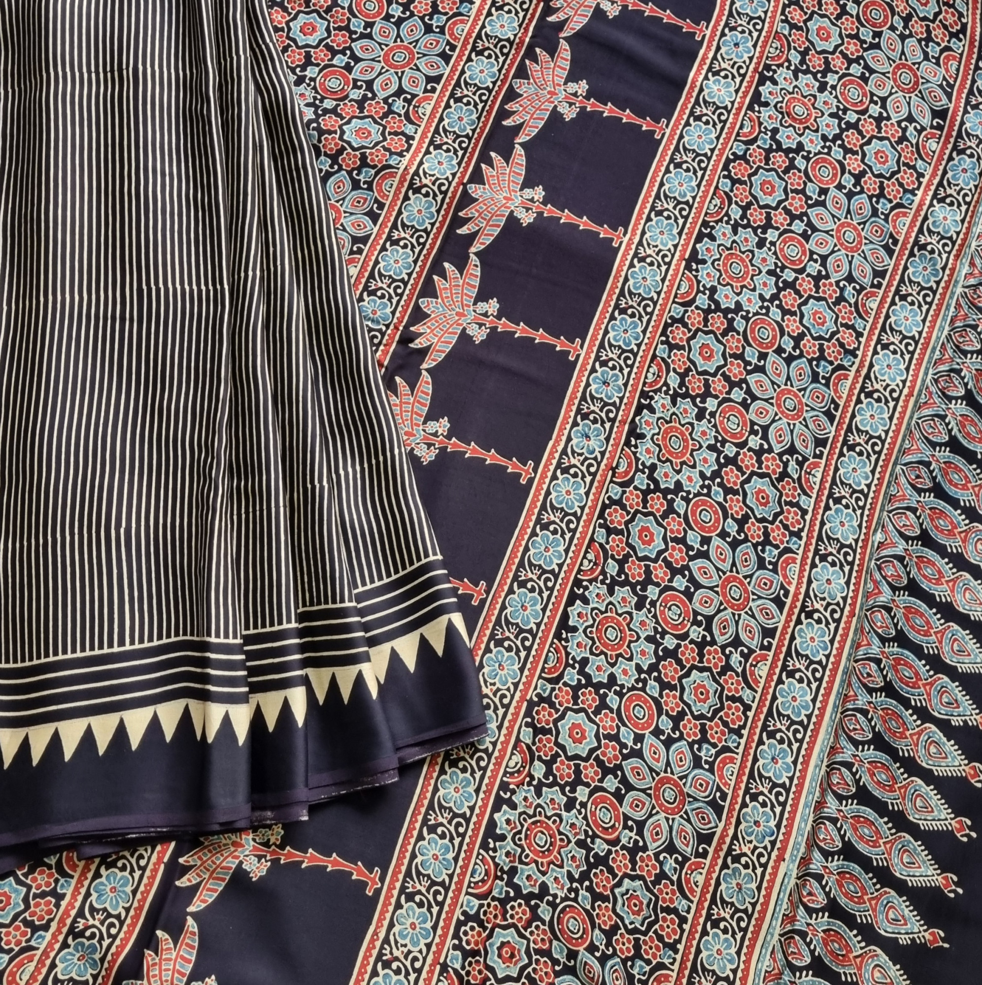 Handcrafted Ajrakh on modal silk stripes