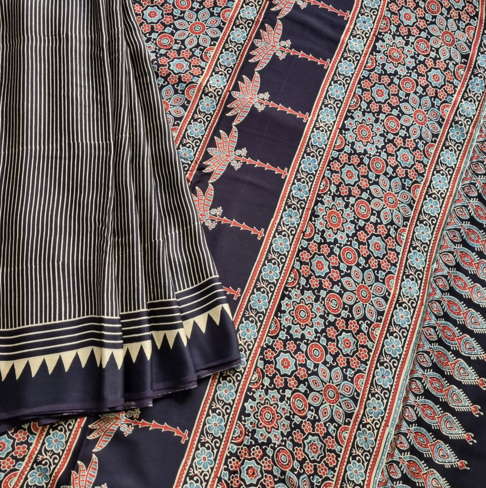 Image of Handcrafted Ajrakh on modal silk stripes