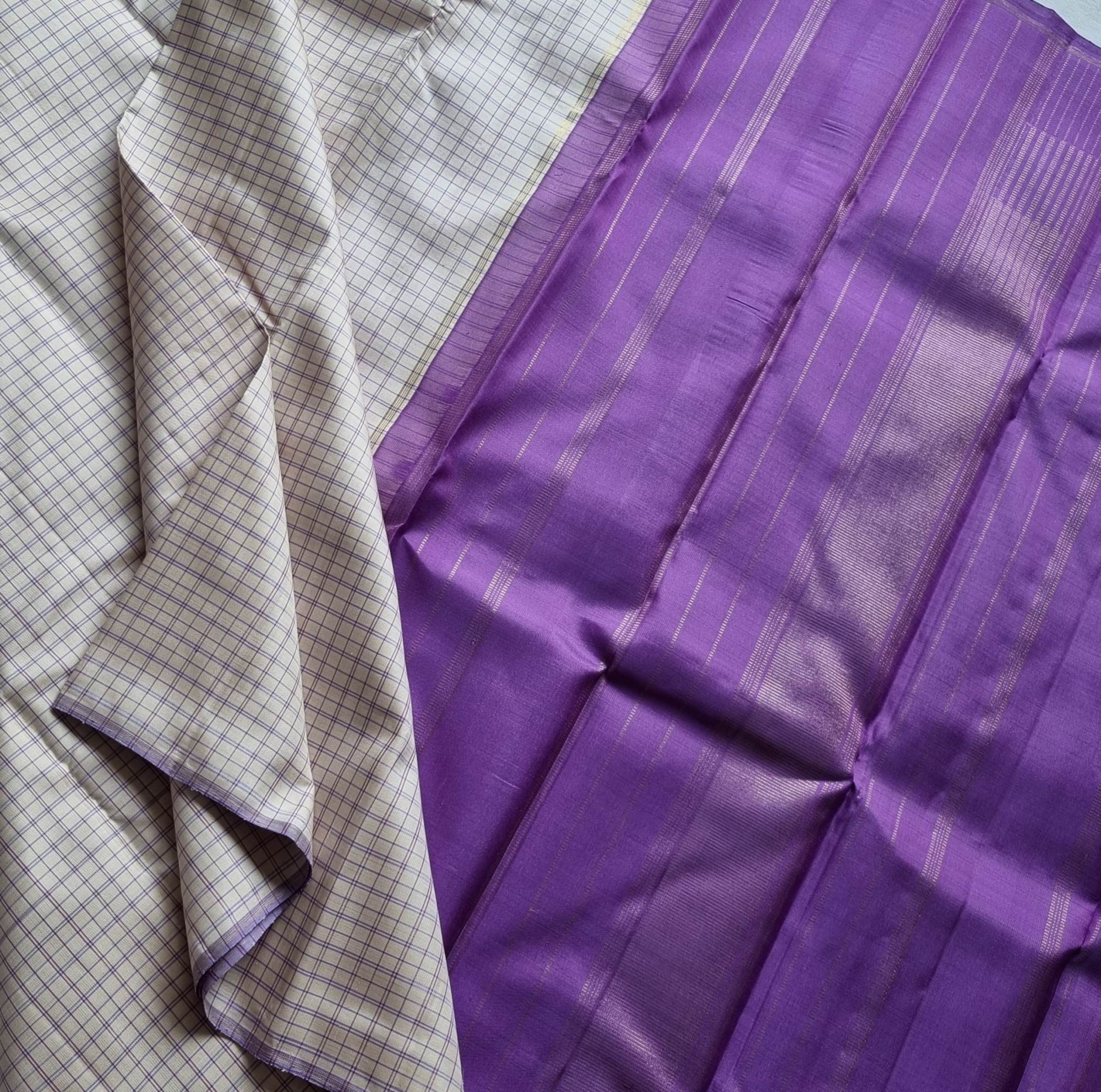 Kanjivaram Silk offwhite grids with purple pallu