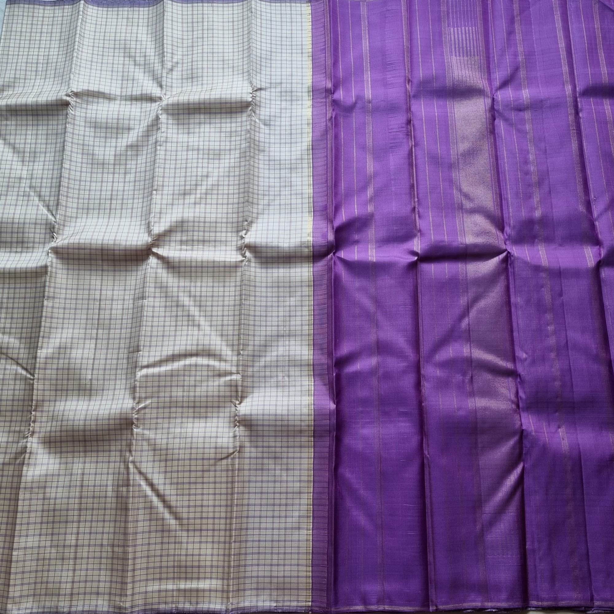 Kanjivaram Silk offwhite grids with purple pallu