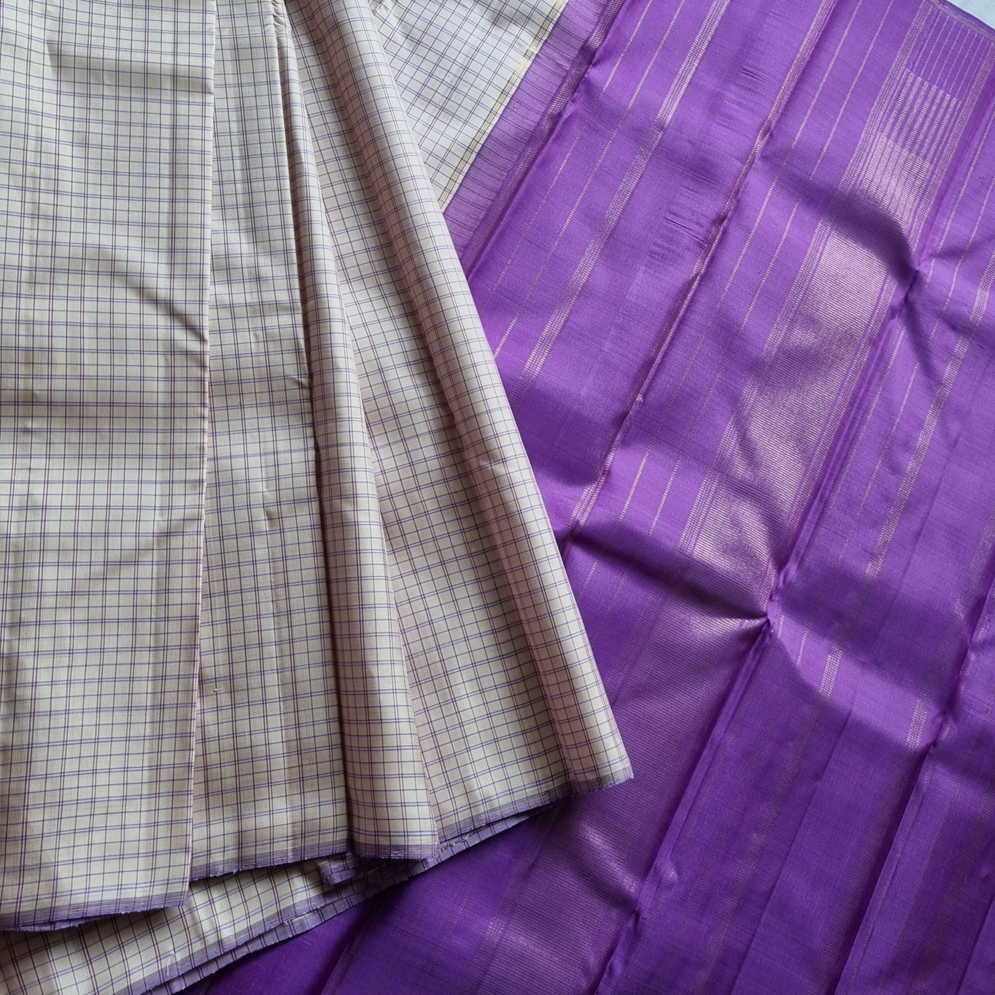 Kanjivaram Silk offwhite grids with purple pallu