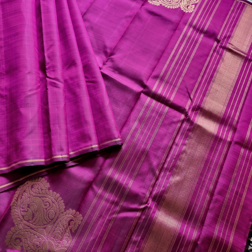 Image of Kanjivaram Silk Shot plum with konia paisley