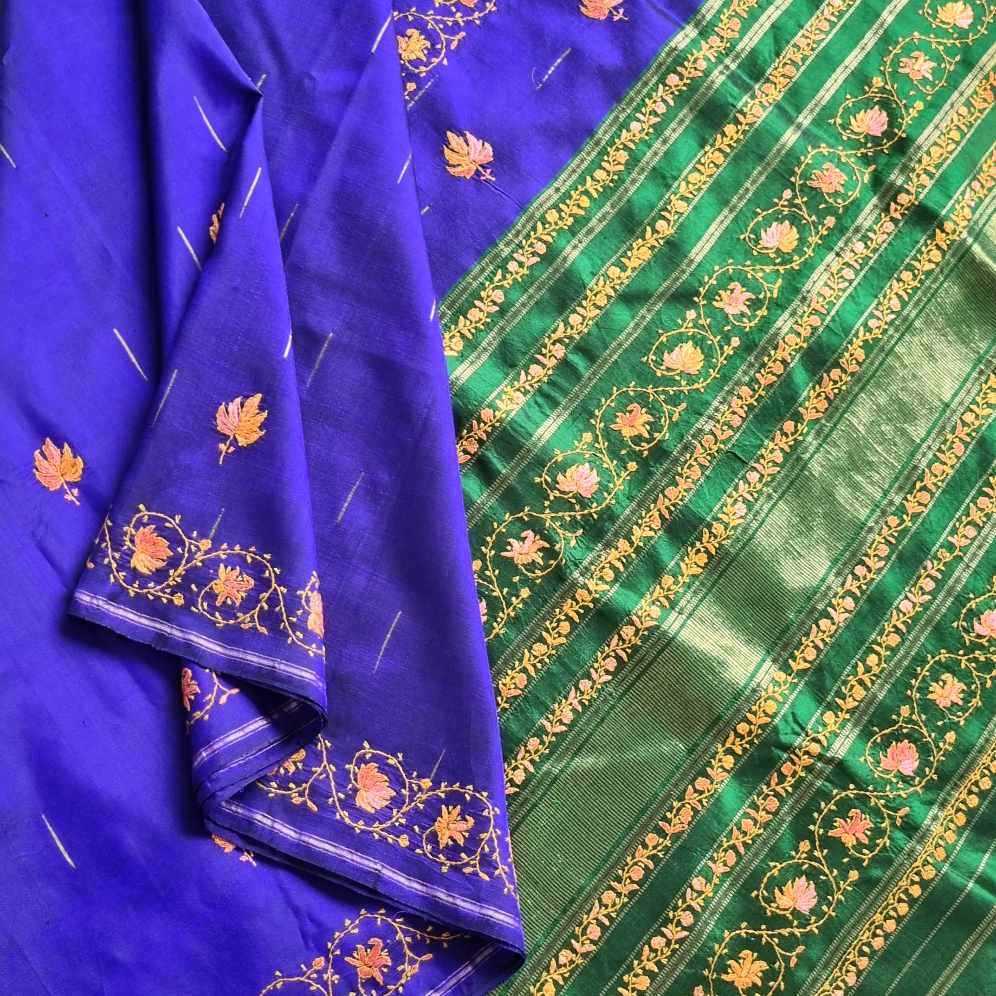 Sozni X Kanjivaram Silk blue and green Mazhai thuli