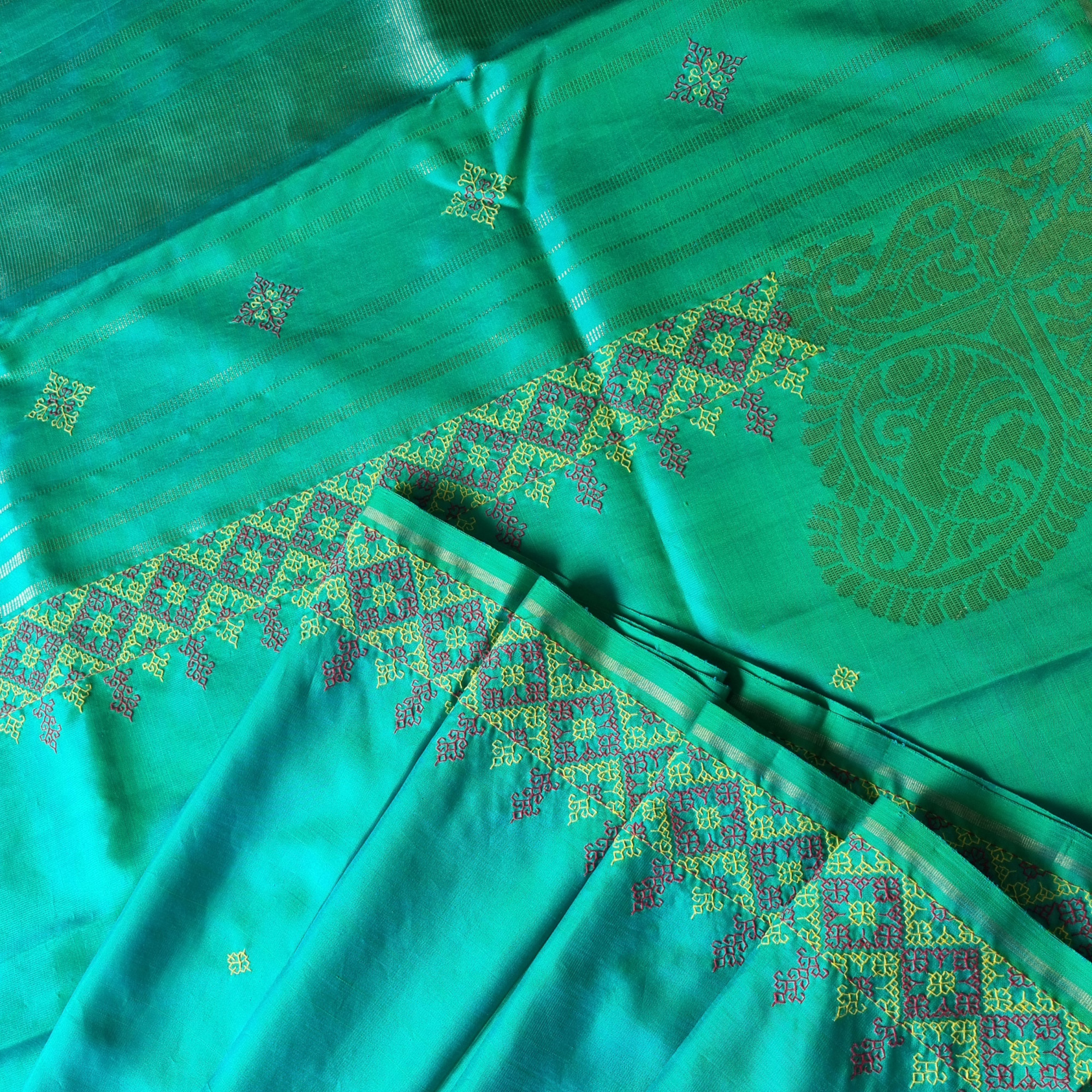 Kasuti X Kanjivaram silk shot sea green