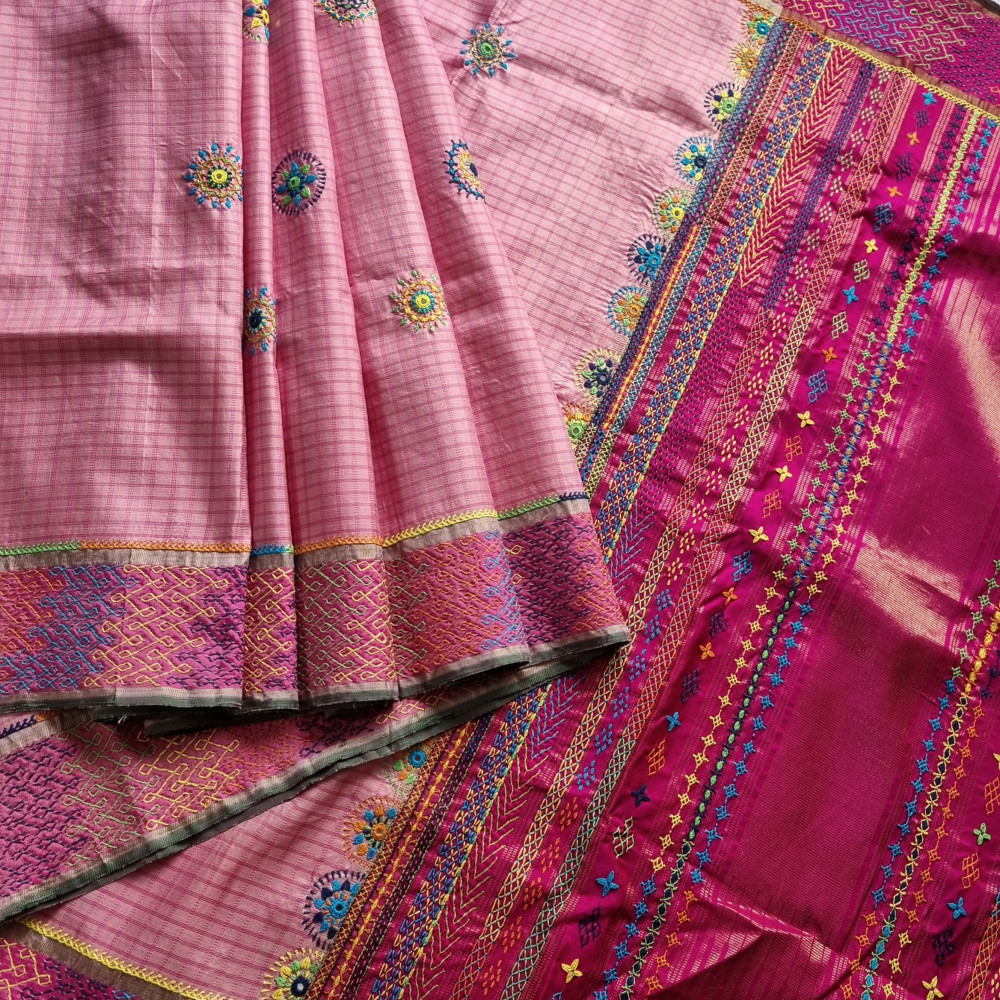 Image of Lambani X Kanjivaram Silk pastel pink checked