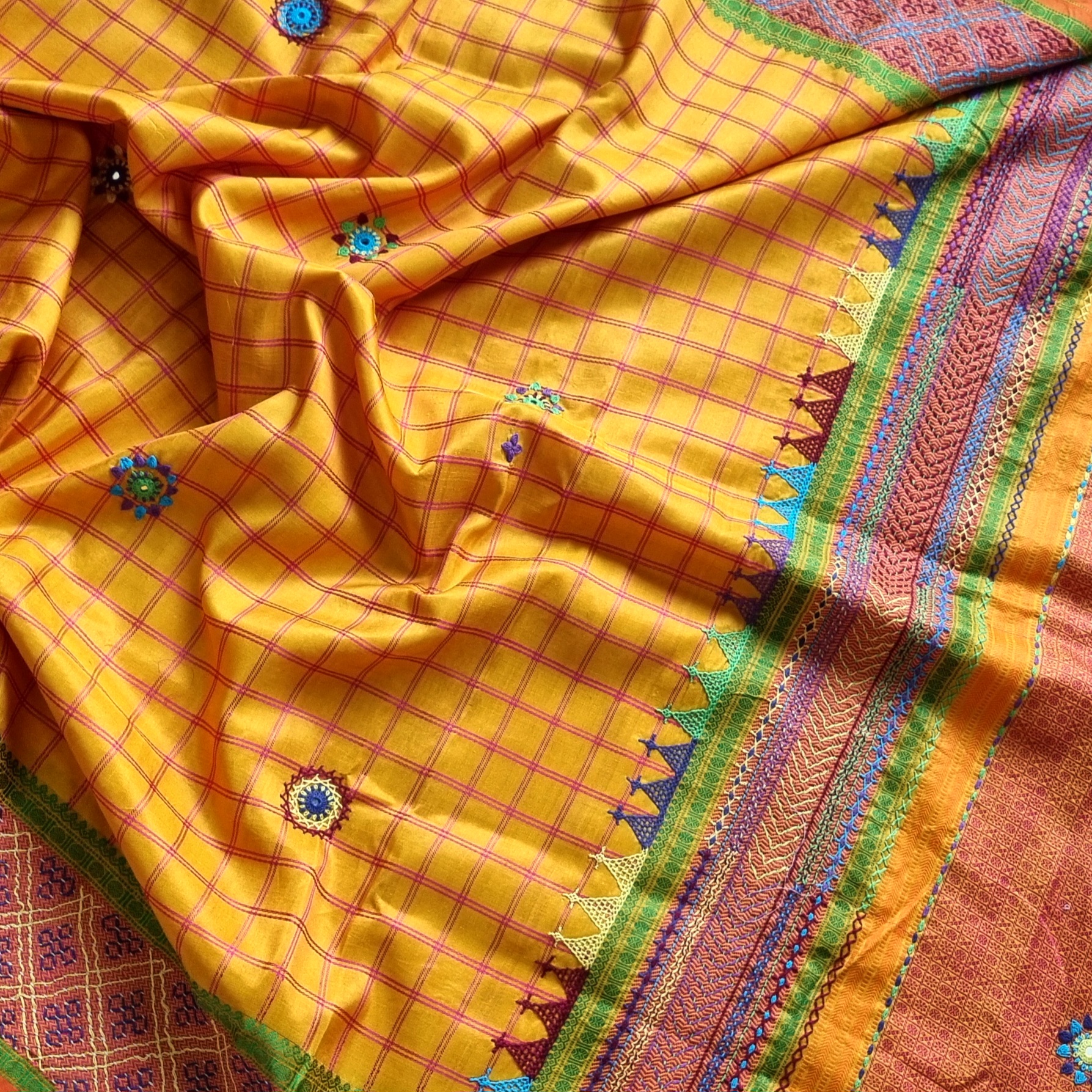 Lambani X Kanjivaram Silk  yellow checks threadwork