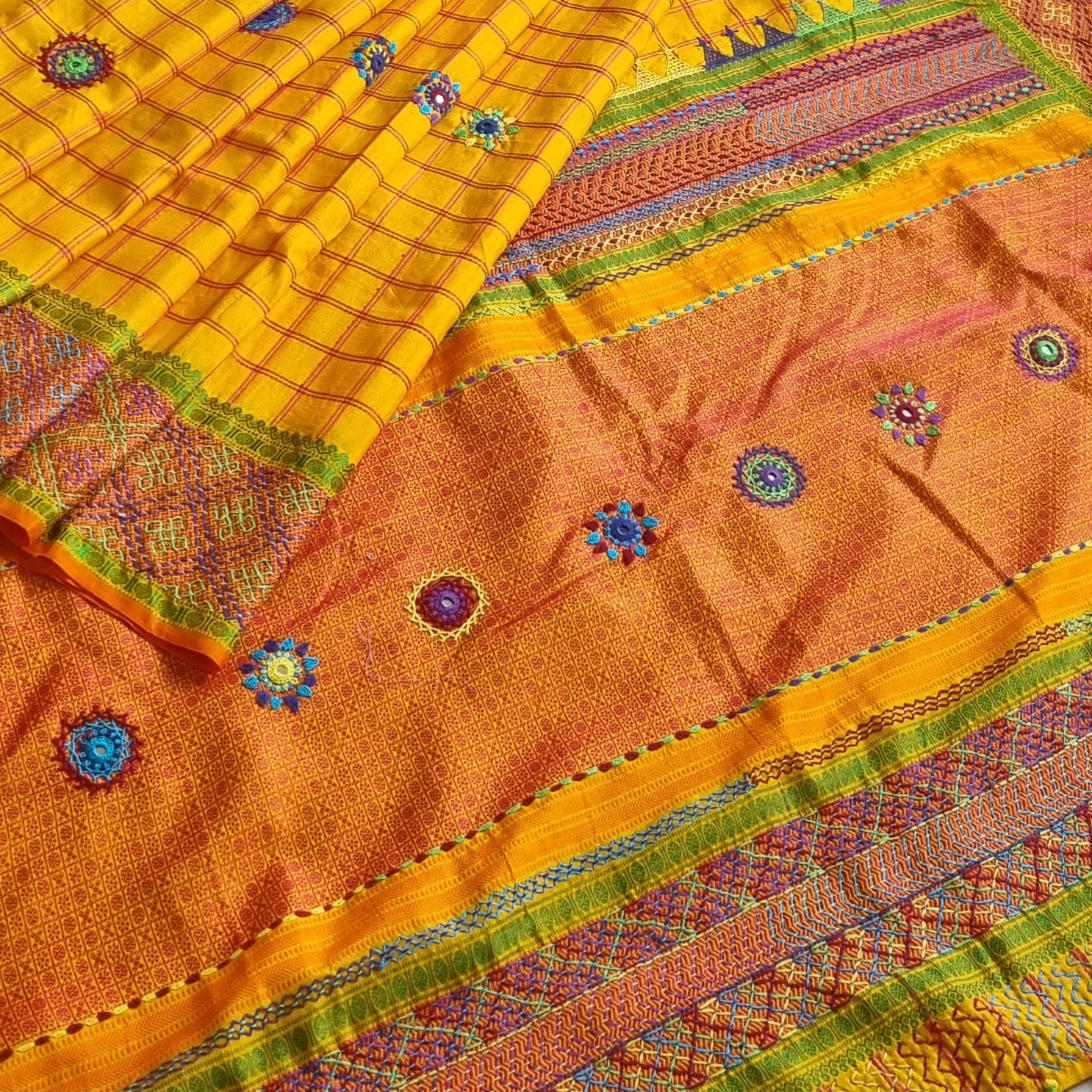 Lambani X Kanjivaram Silk  yellow checks threadwork