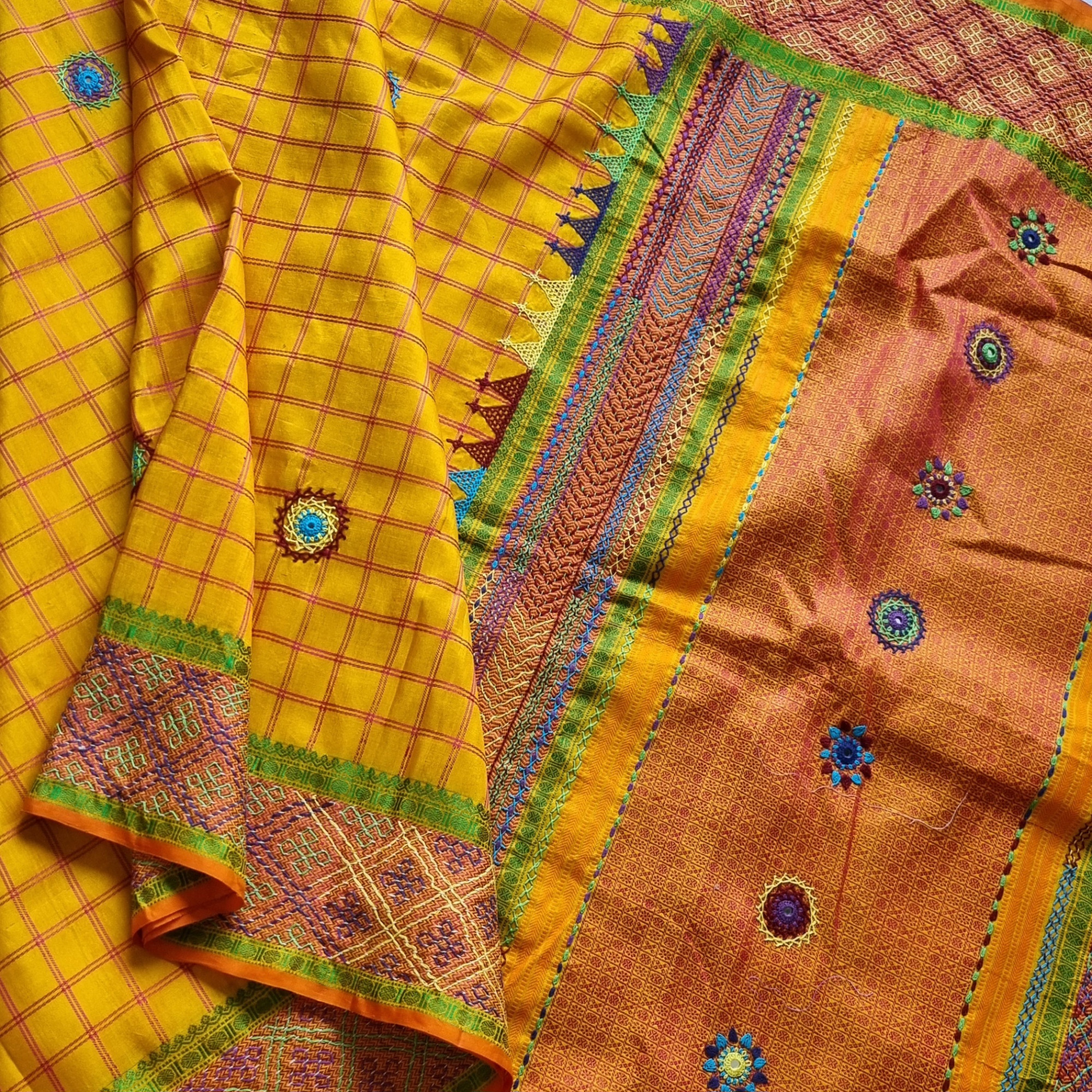 Lambani X Kanjivaram Silk  yellow checks threadwork