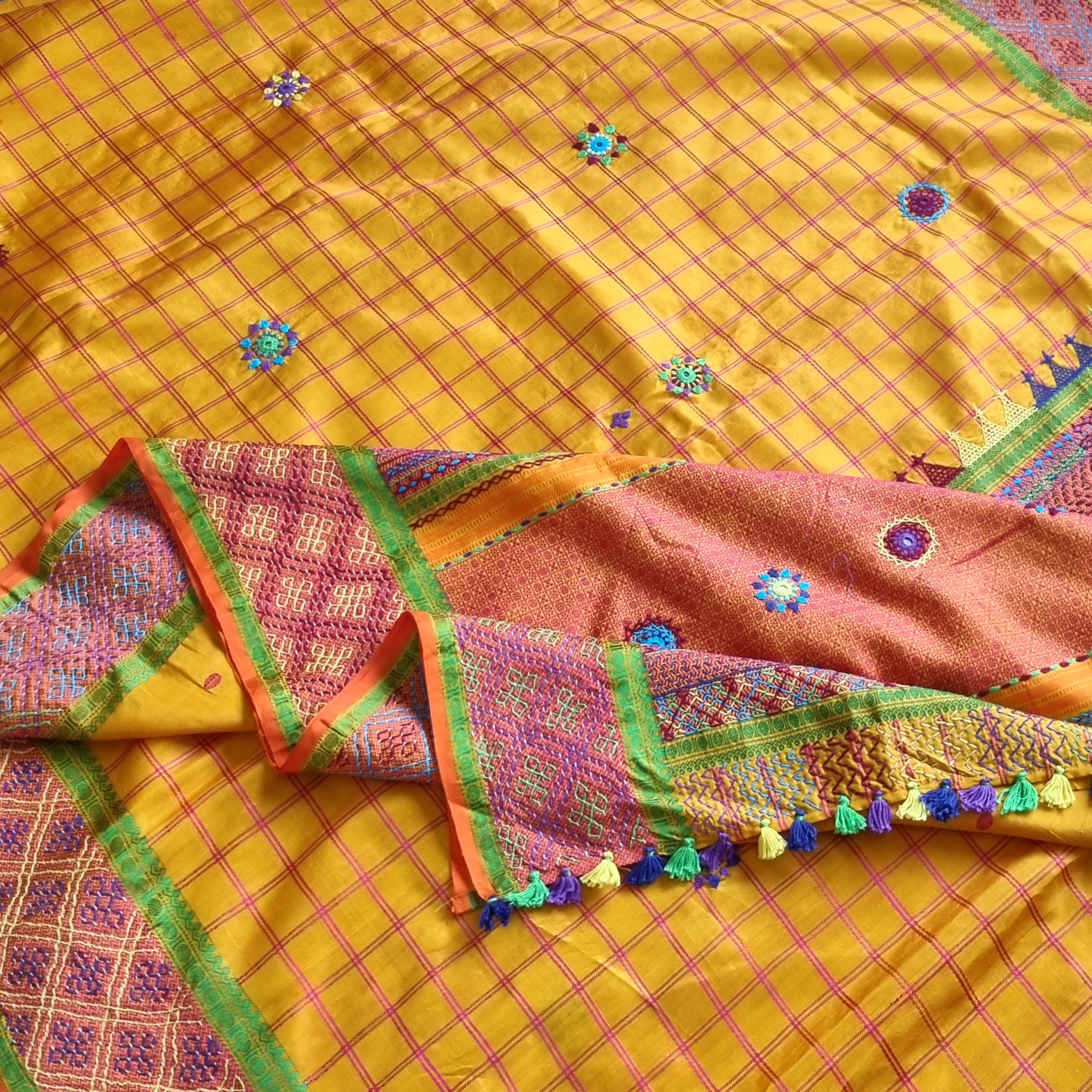 Lambani X Kanjivaram Silk  yellow checks threadwork