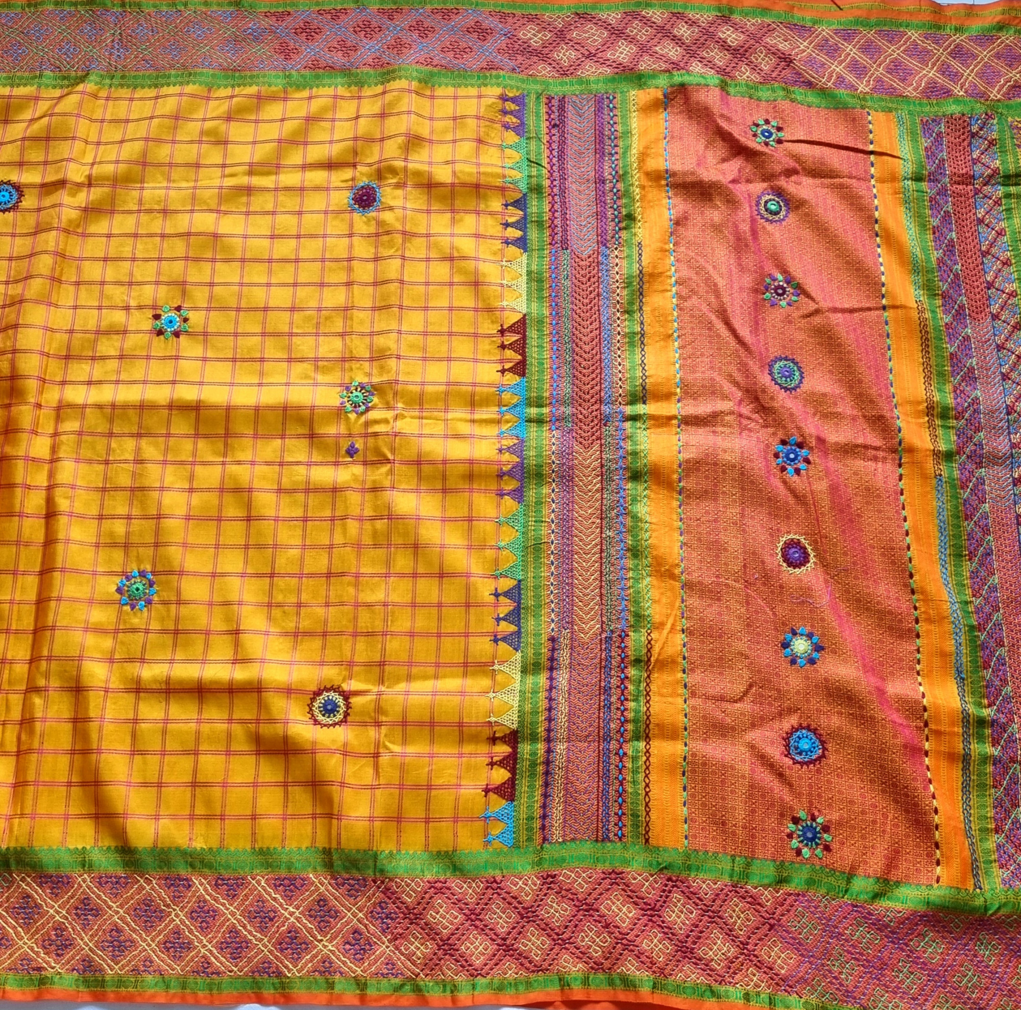 Lambani X Kanjivaram Silk  yellow checks threadwork