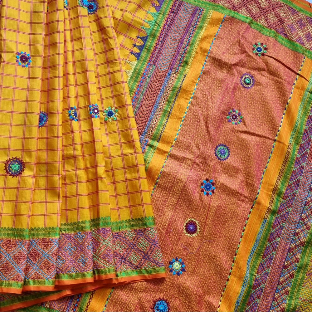 Image of Lambani X Kanjivaram Silk  yellow checks threadwork